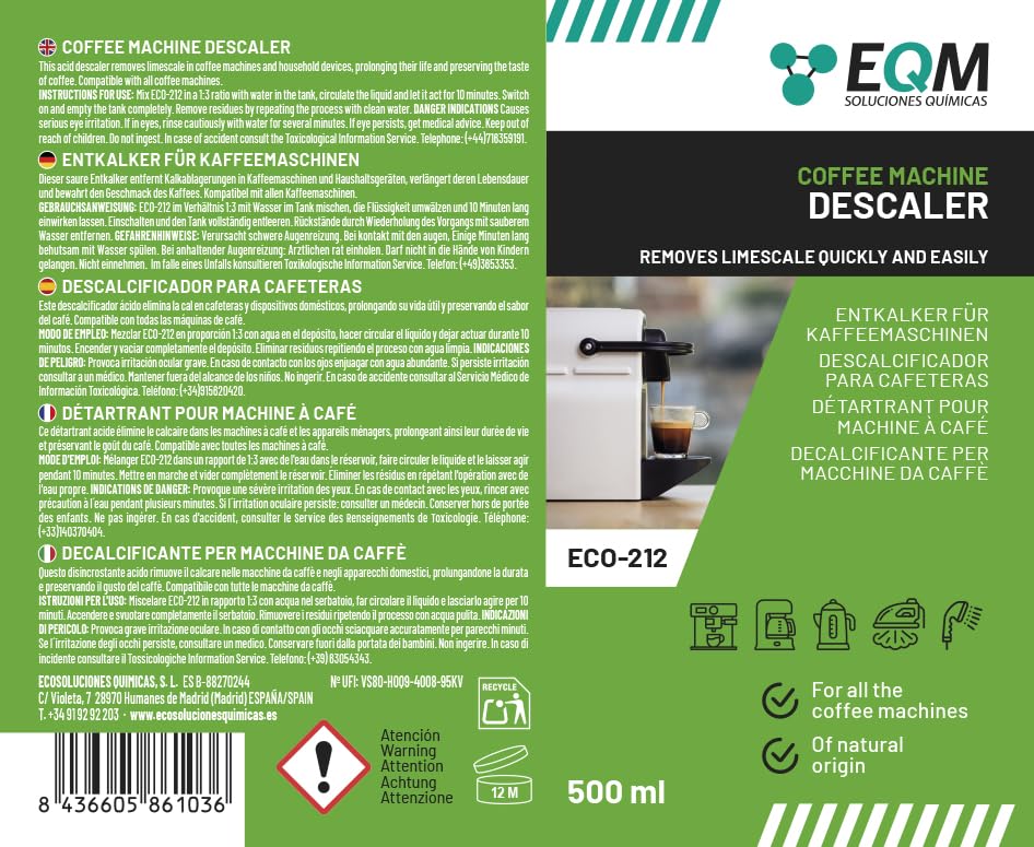 EQM ECO-212 Kaffeemaschinen-Entkalker – 500 ml – 100 % natürlichen Ursprungs mit Zitronensäure 6