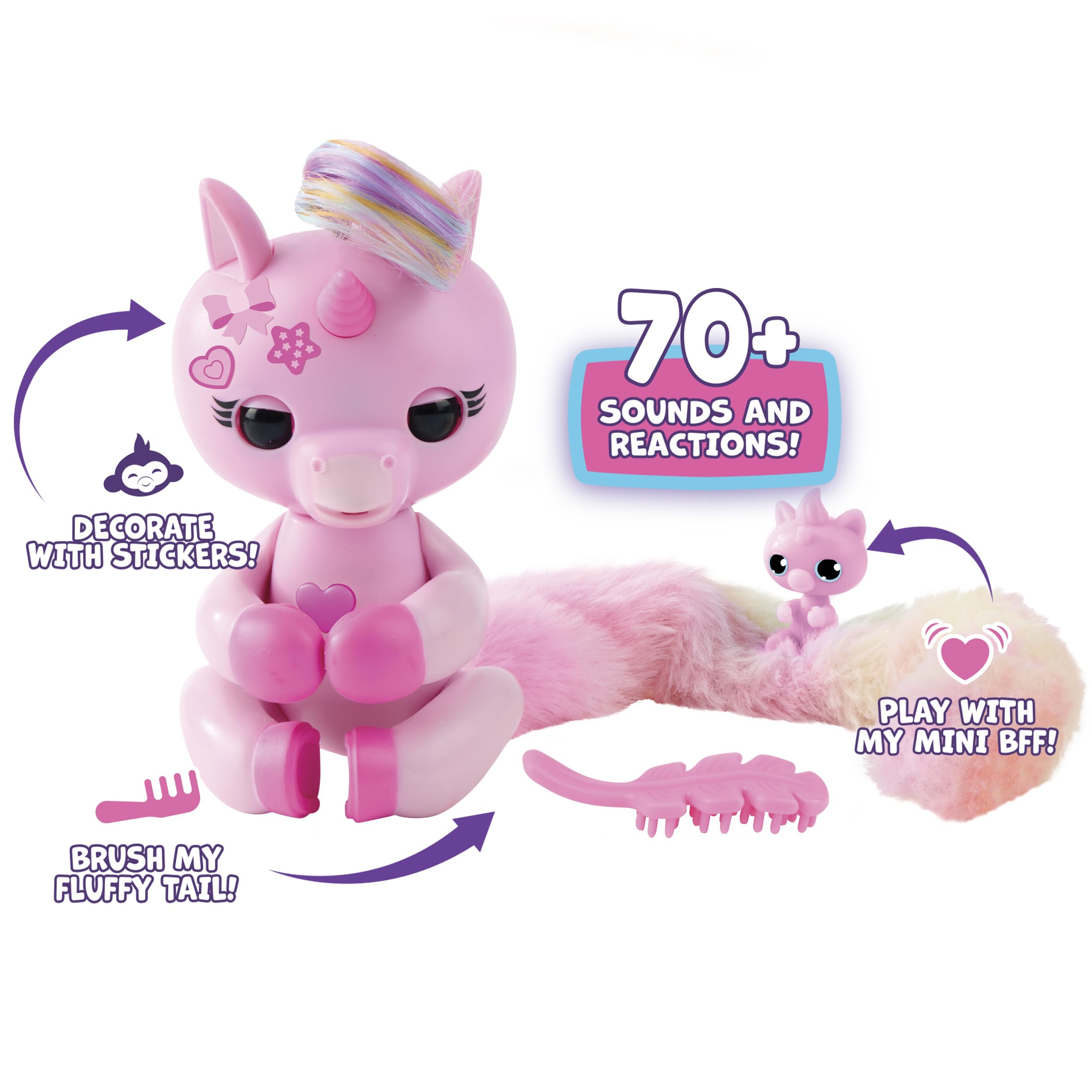 Fingerlings Snuggle Tails - Interactive Pink Unicorn (Evie) with Soft Tail & Brush, Ages 5+ 3