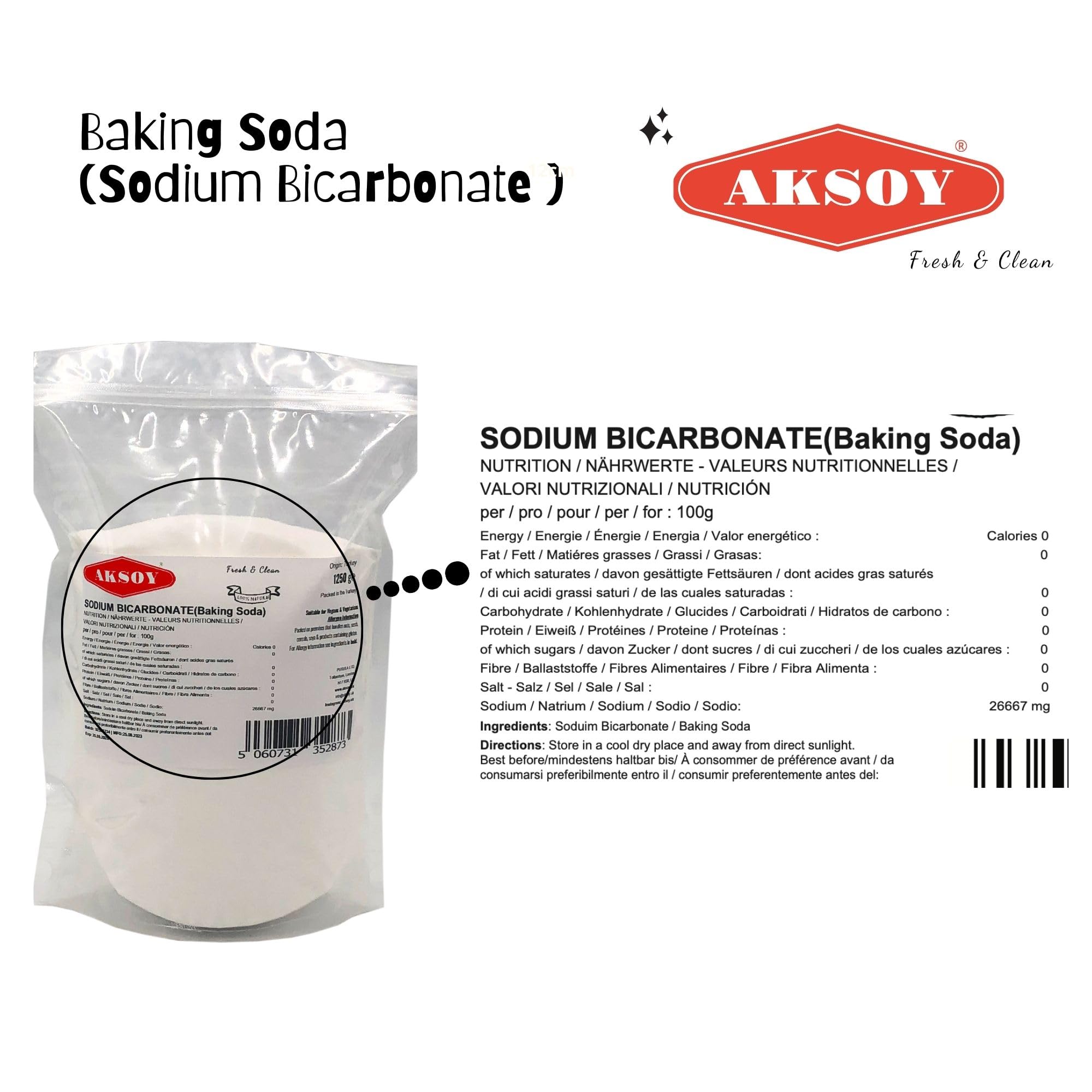 Aksoy Pure Baking Soda 1250g - Sodium Bicarbonate Powder for Baking & Cleaning 8