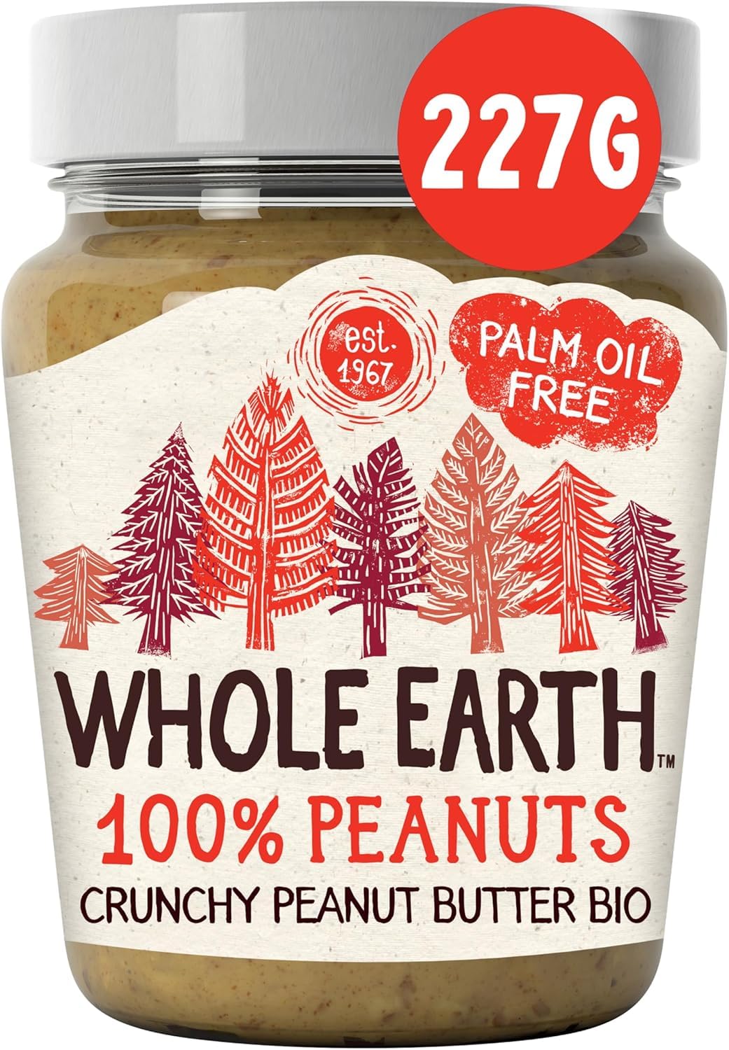 Whole Earth Organic Crunchy Peanut Butter, 6 x 227g Jars, 100% Nuts, No Added Sugar, Gluten Free, Vegan