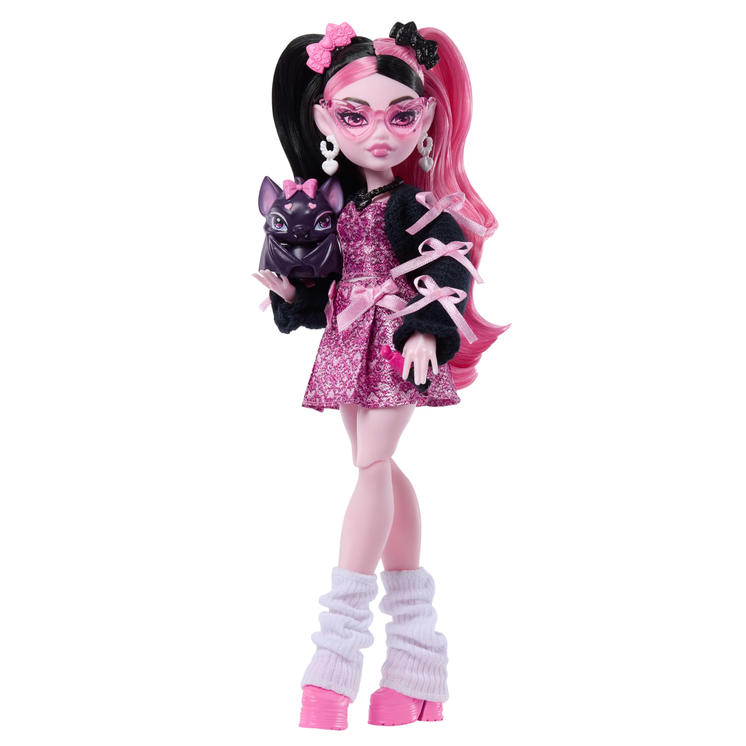 Monster High Draculaura Doll - Pink Bow Dress, Black Cardigan & Pet Bat - 4+ Years