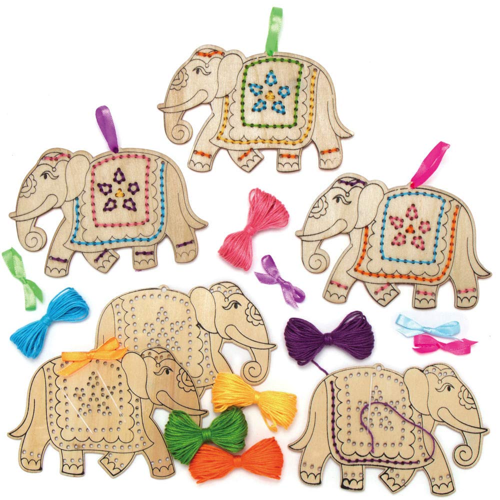 Baker Ross Ambari Elephant Wooden Threading Kits - Pack of 5, Educational Craft for Kids