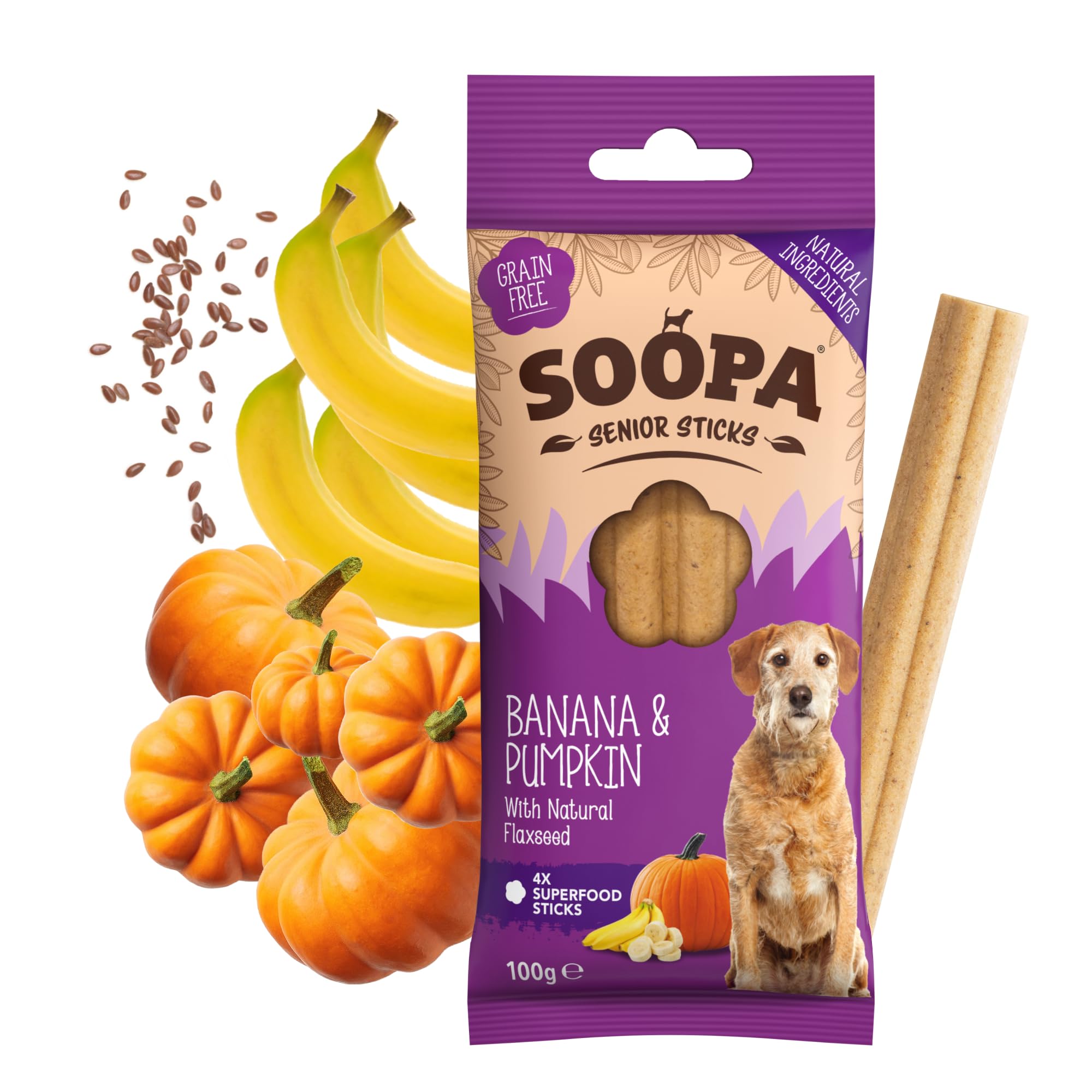Soopa Senior Banana Pumpkin & Flaxseed Dental Sticks - 100g | Low Fat | Vegan