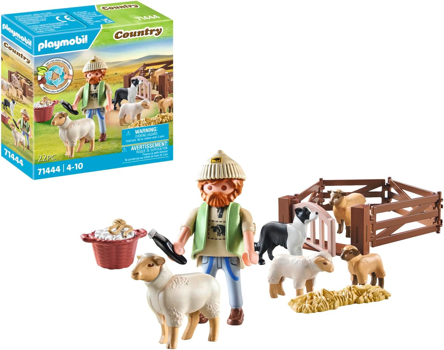 Playmobil 71444 Country: Young Shepherd with Flock of Sheep and Border Collie - Farm Playset for Kids 4+