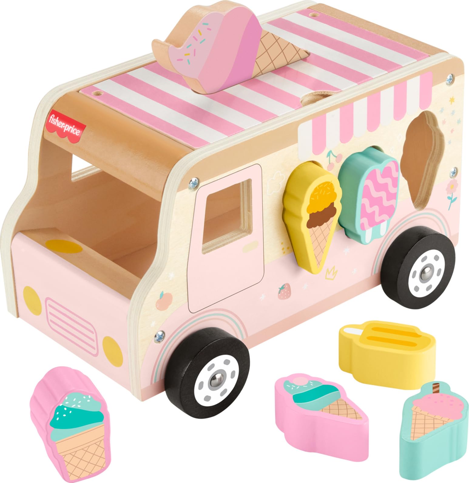 Fisher-Price Wooden Ice Cream Truck Shape Sorter Playset - HXT86, Ages 18+ Months