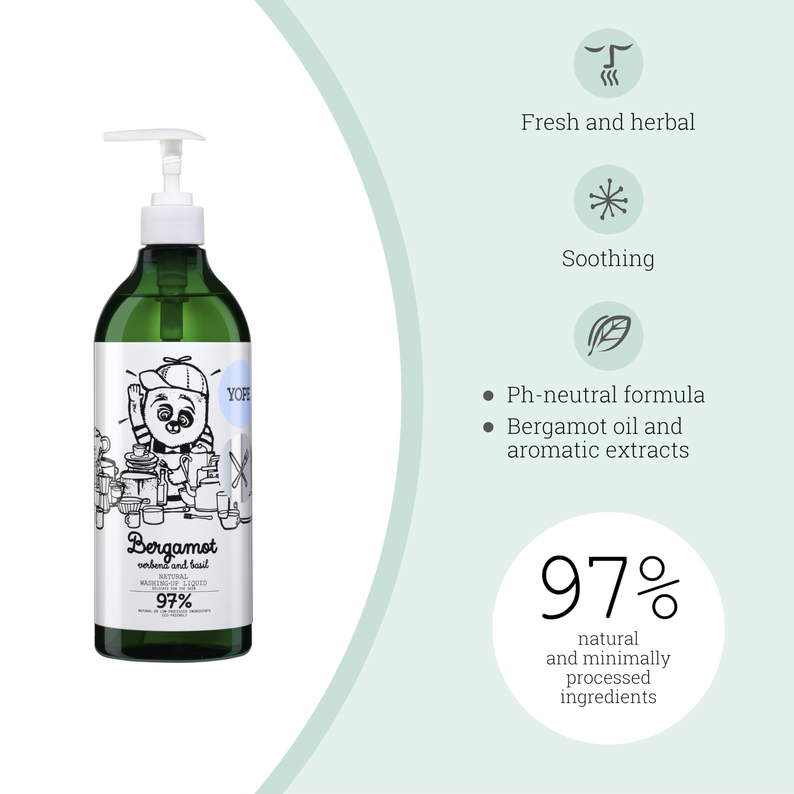 Yope Natural Detergent Washing-Up Liquid - Bergamot & Basil | Vegan, Cruelty Free | 750 ml