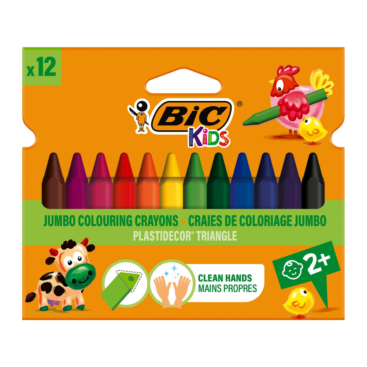 BIC Kids Plastidecor Colouring Crayons - 12 Assorted Colours | Triangular Grip | No-Mess Wax