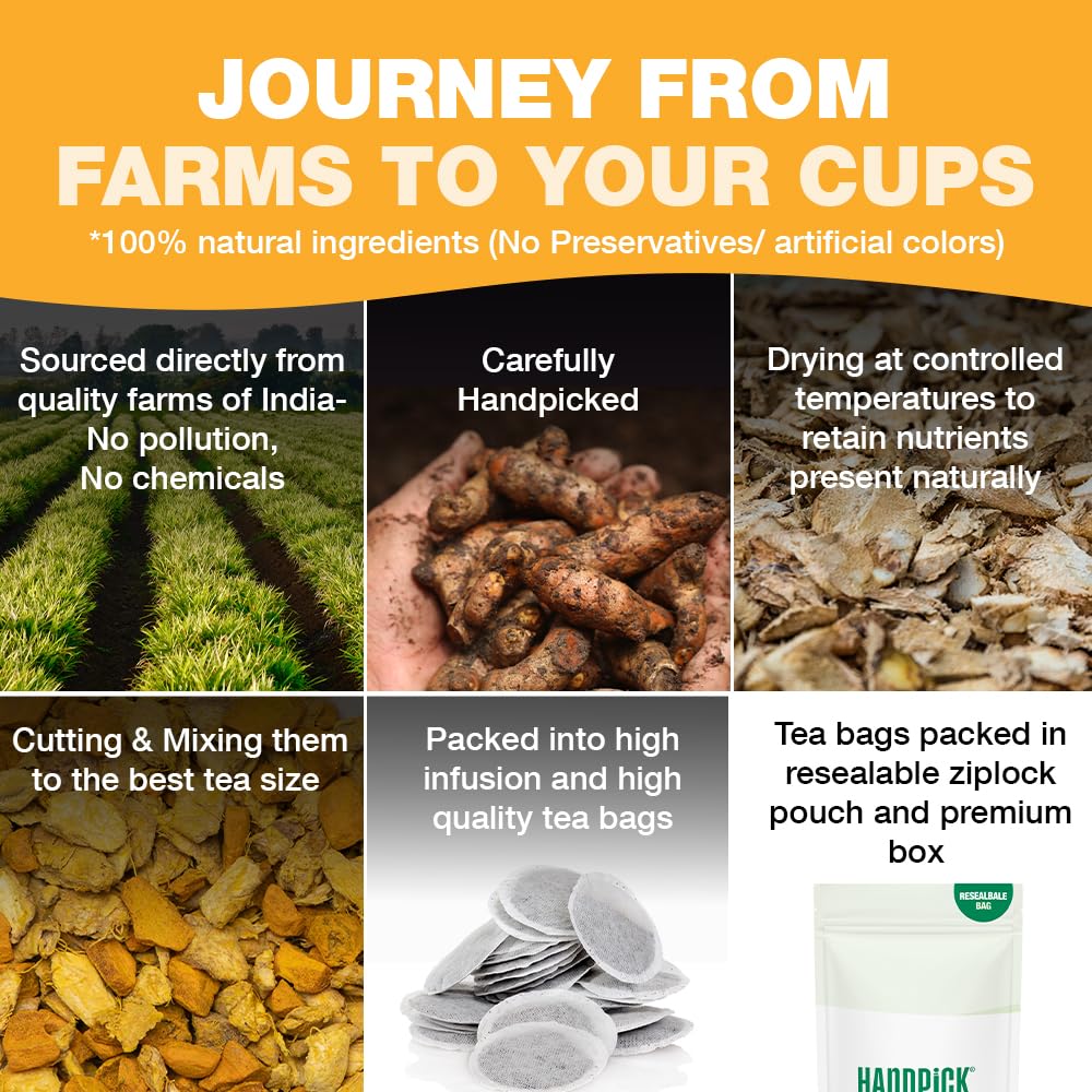 HANDPICK - Turmeric Ginger Tea Bags (100 Herbal Tea Bags) Caffeine Free, Non-GMO, Eco-Conscious Packaging 9