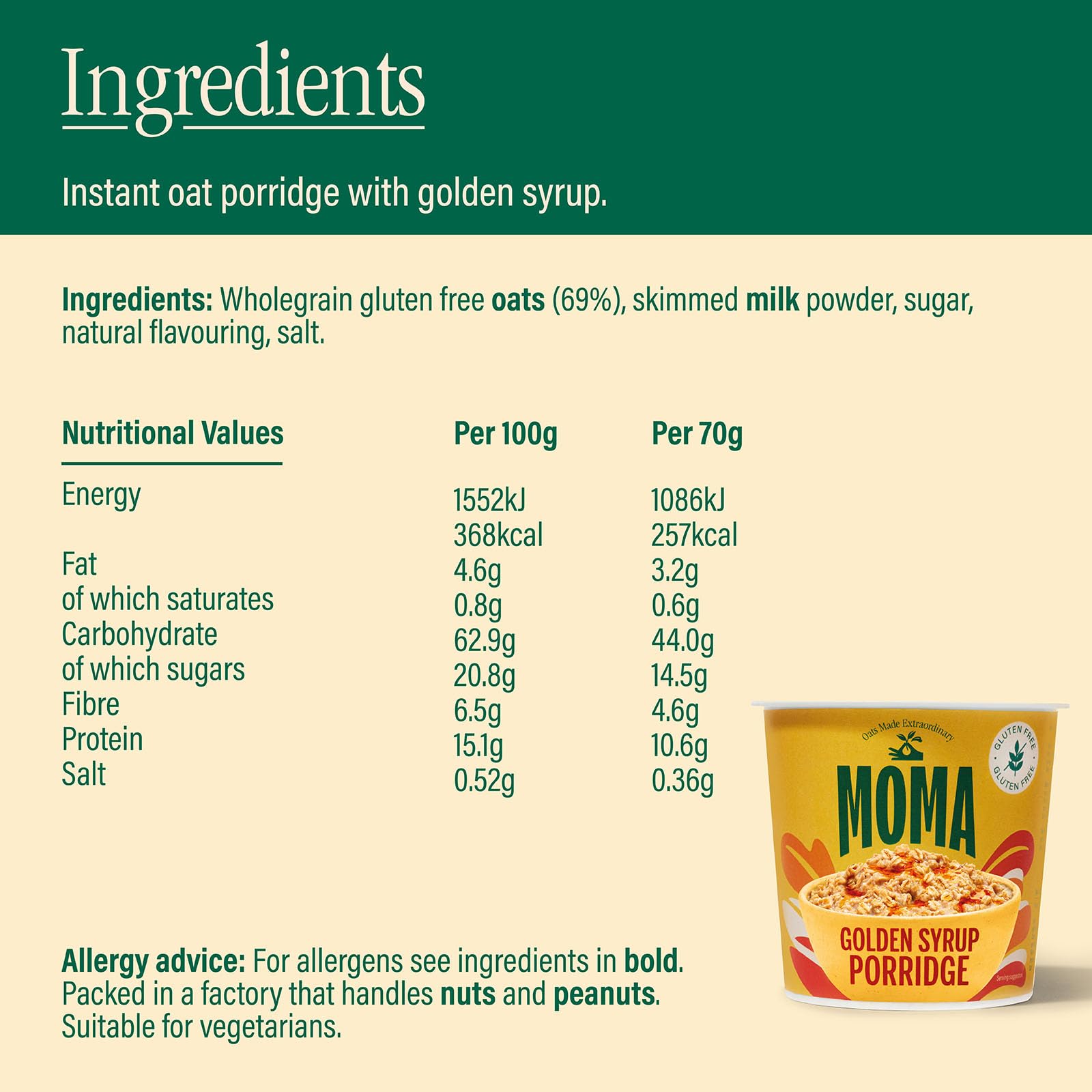 MOMA Instant Porridge Pots Golden Syrup 70g - Gluten Free, High Fibre, Source of Protein 6