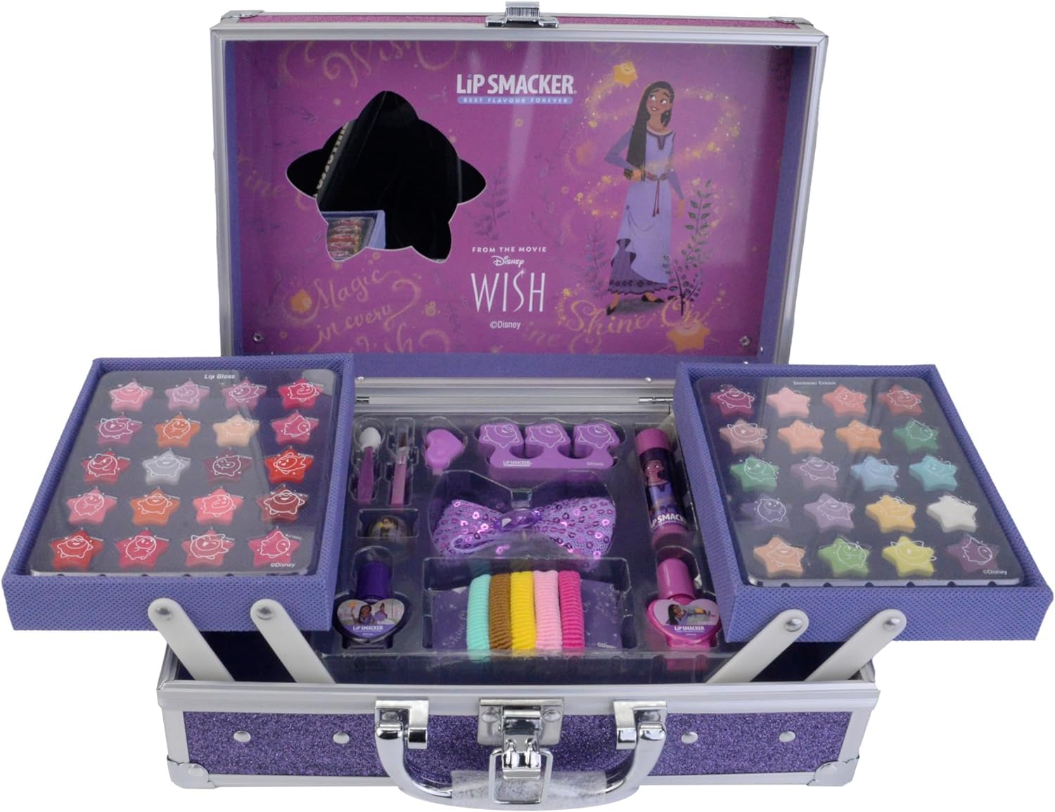 Lip Smacker Disney Wish Makeup Traincase for Kids, Multicolor Plastic Cosmetic Case with 20 Lip Glosses, 20 Eyeshadows, 2 Nail Polishes & Accessories