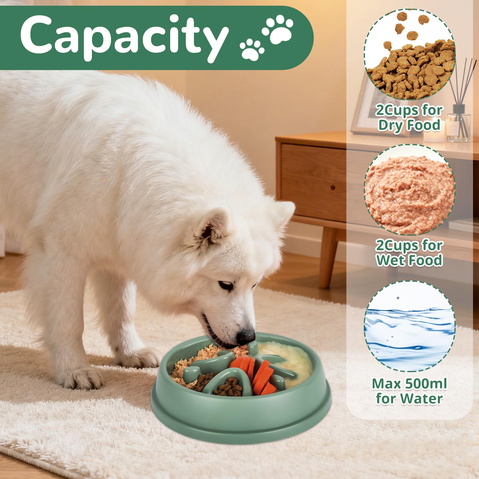MOXYOY Slow Feeder Dog Bowl - Anti-Slip Base, Anti-Choke Design | Set of 3 Green Bowls 4