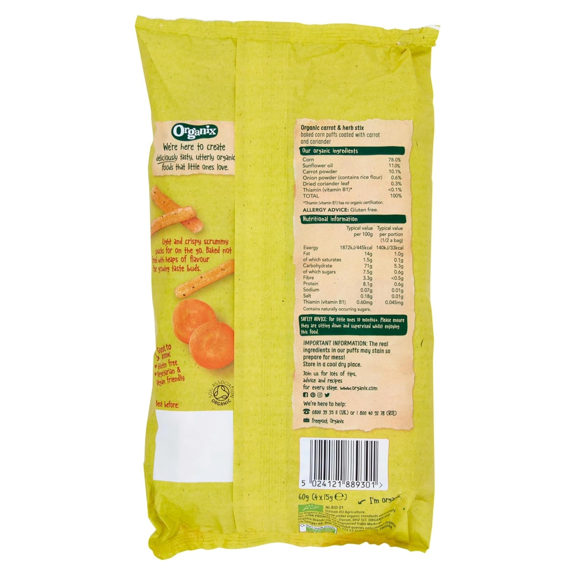 Organix Carrot & Herb Stix Organic Finger Food Snack for Toddlers 10+ Months, 3 Packs (4 x 15g Each) 4