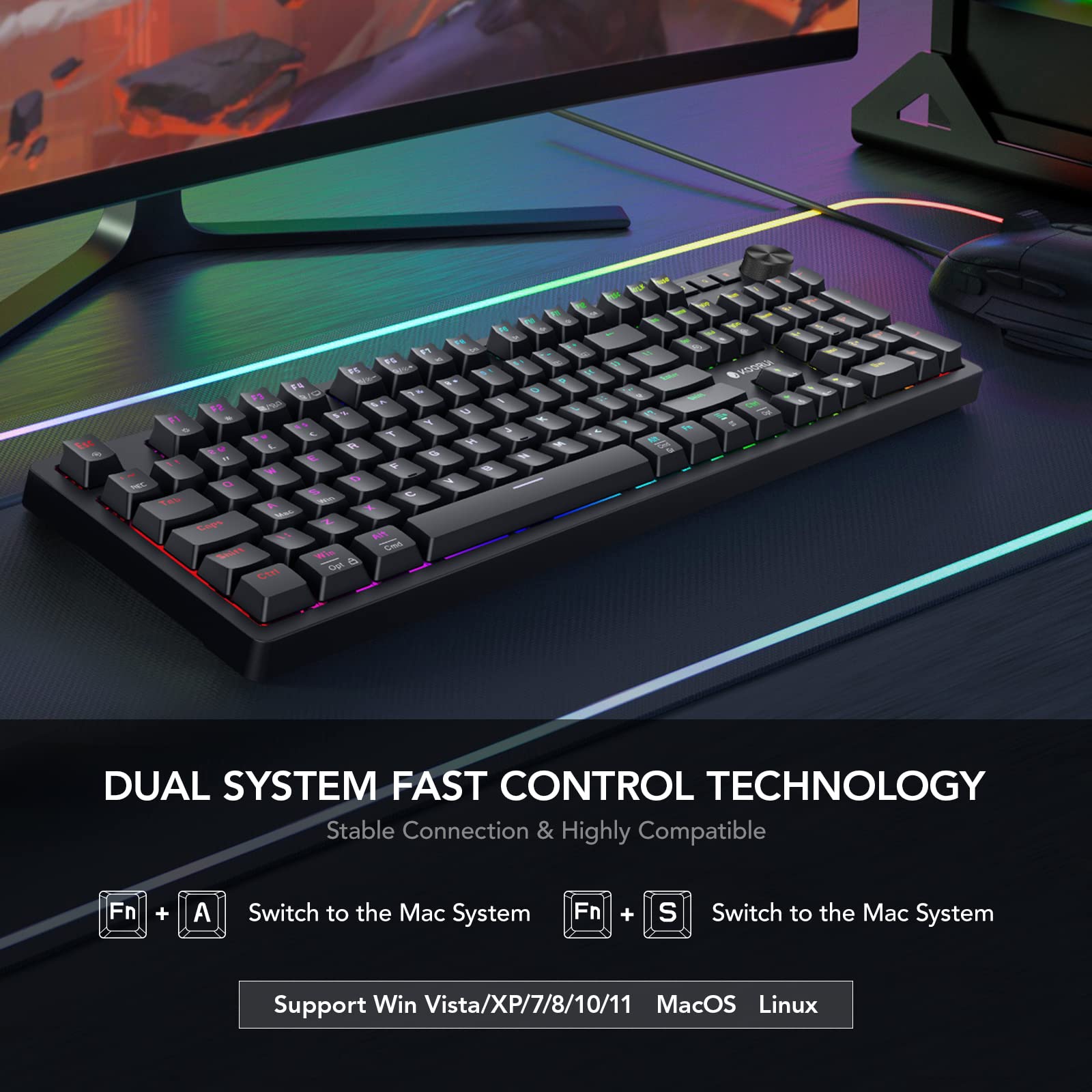 KOORUI MK104-RED Mechanische Gaming-Tastatur – 104 Tasten, 26 RGB-Hintergrundbeleuchtungseffekte, steckbare Schalter, Anti-Ghosting, kabelgebunden für PC und Mac 4
