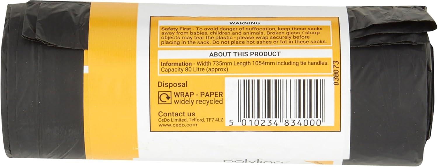 Polylina 10er-Pack Müllsäcke mit Bindegriff, 80 Liter schwarze Müllsäcke aus recyceltem Kunststoff 4