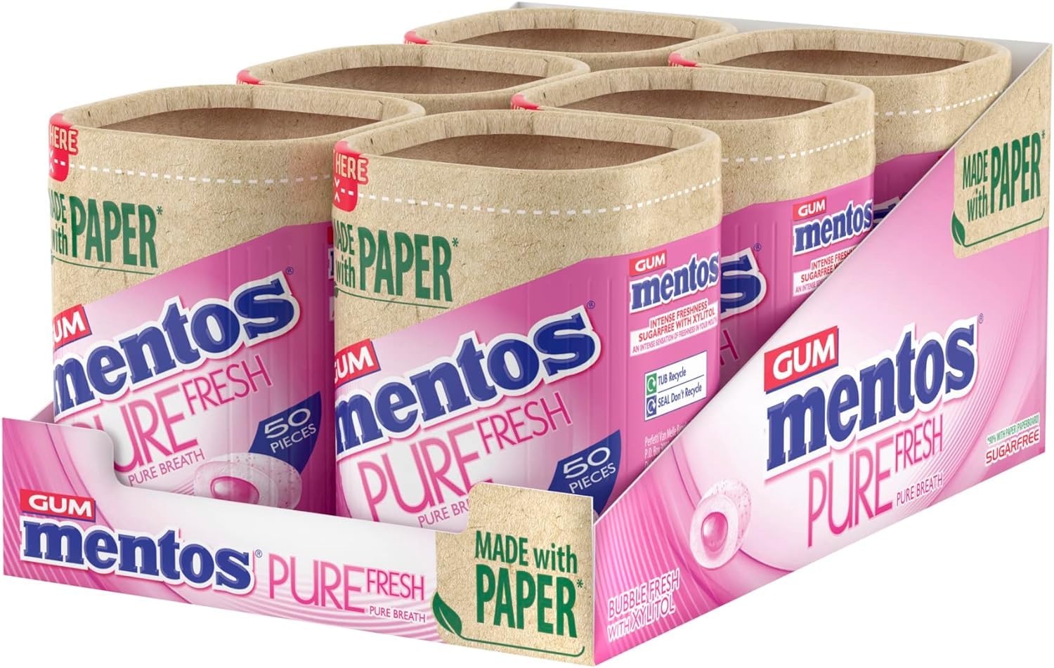 MENTOS Pure Fresh Chewing Gum - Sugar Free, Liquid Filled Center | 50 Count (Pack of 6)