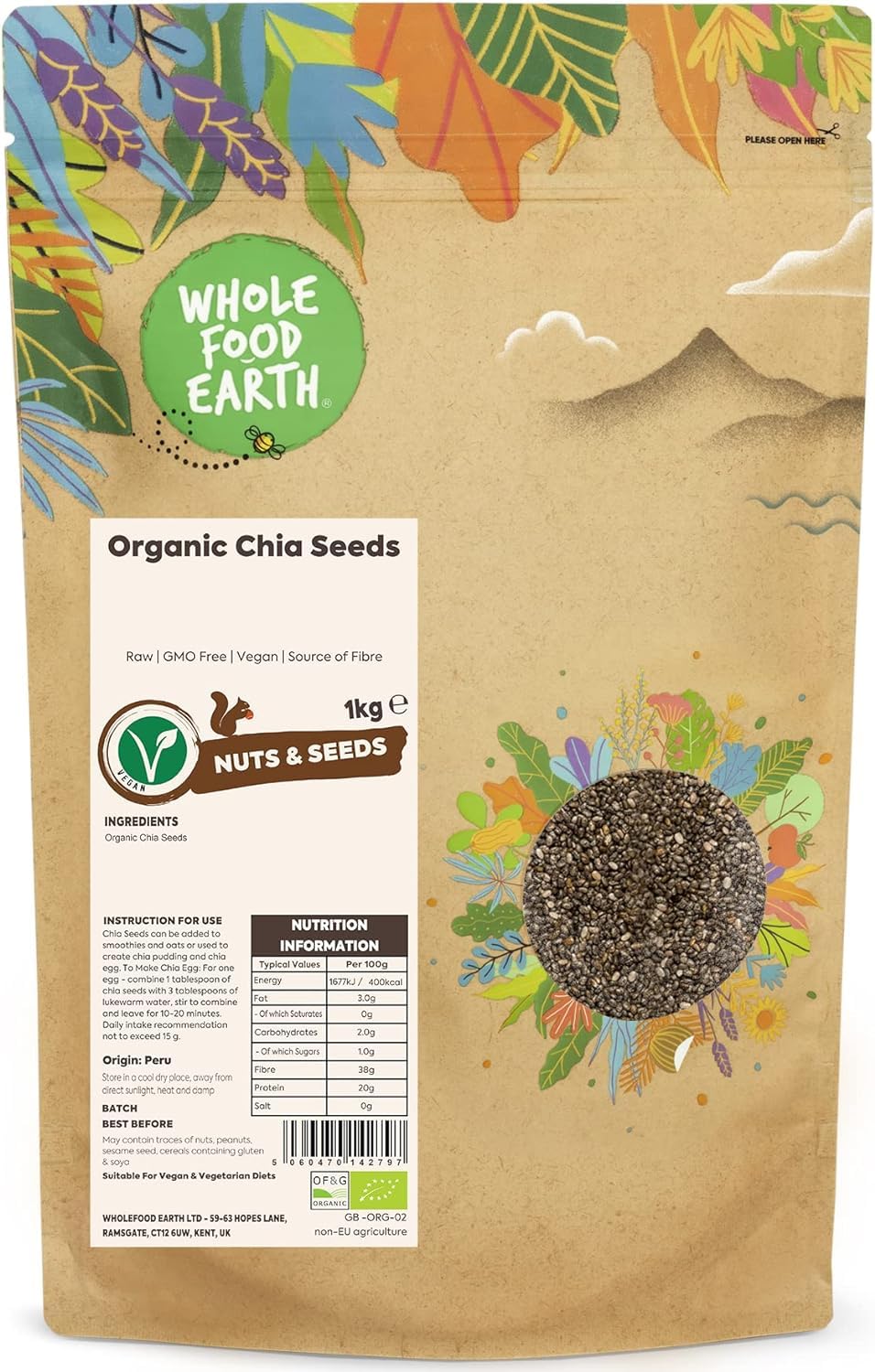 Wholefood Earth Organic Chia Seeds - Raw, Vegan, GMO Free | 1 kg