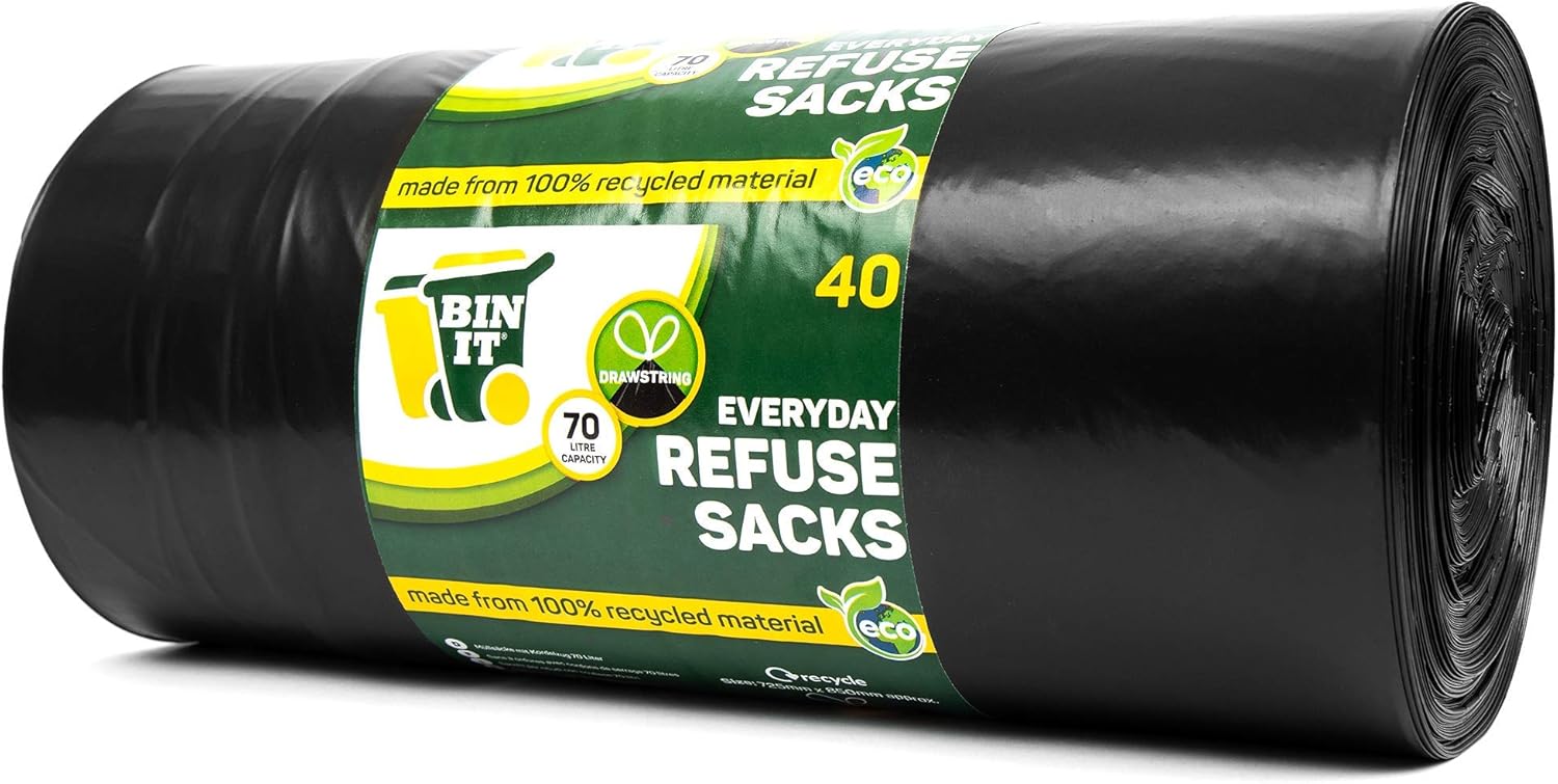 BIN IT 40 Drawstring Bin Liners 70L - Recycled Strong Refuse Sacks for Household & Office