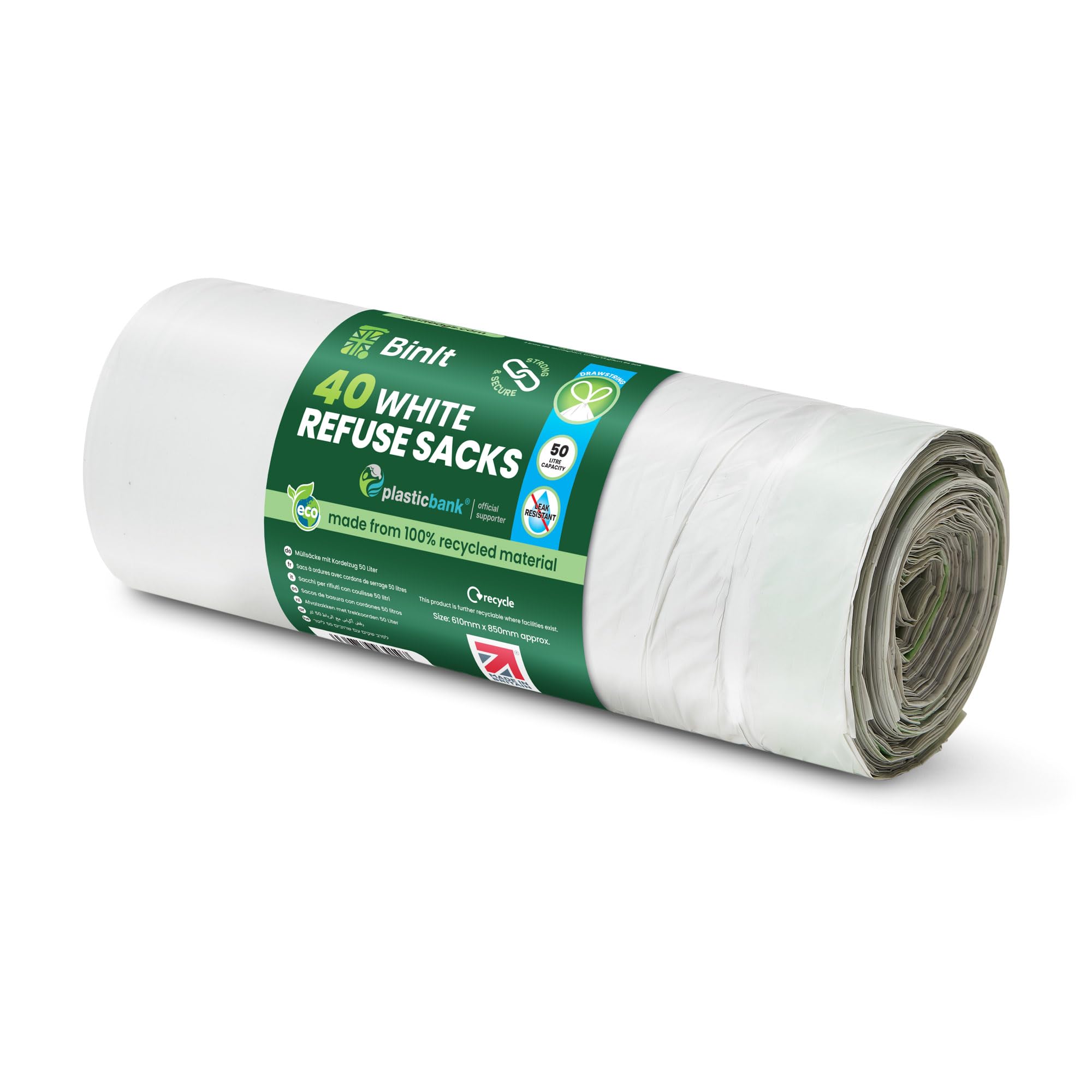 BIN IT Drawstring Bin Liners - 50L Capacity, 40 Count, White, Strong & Secure