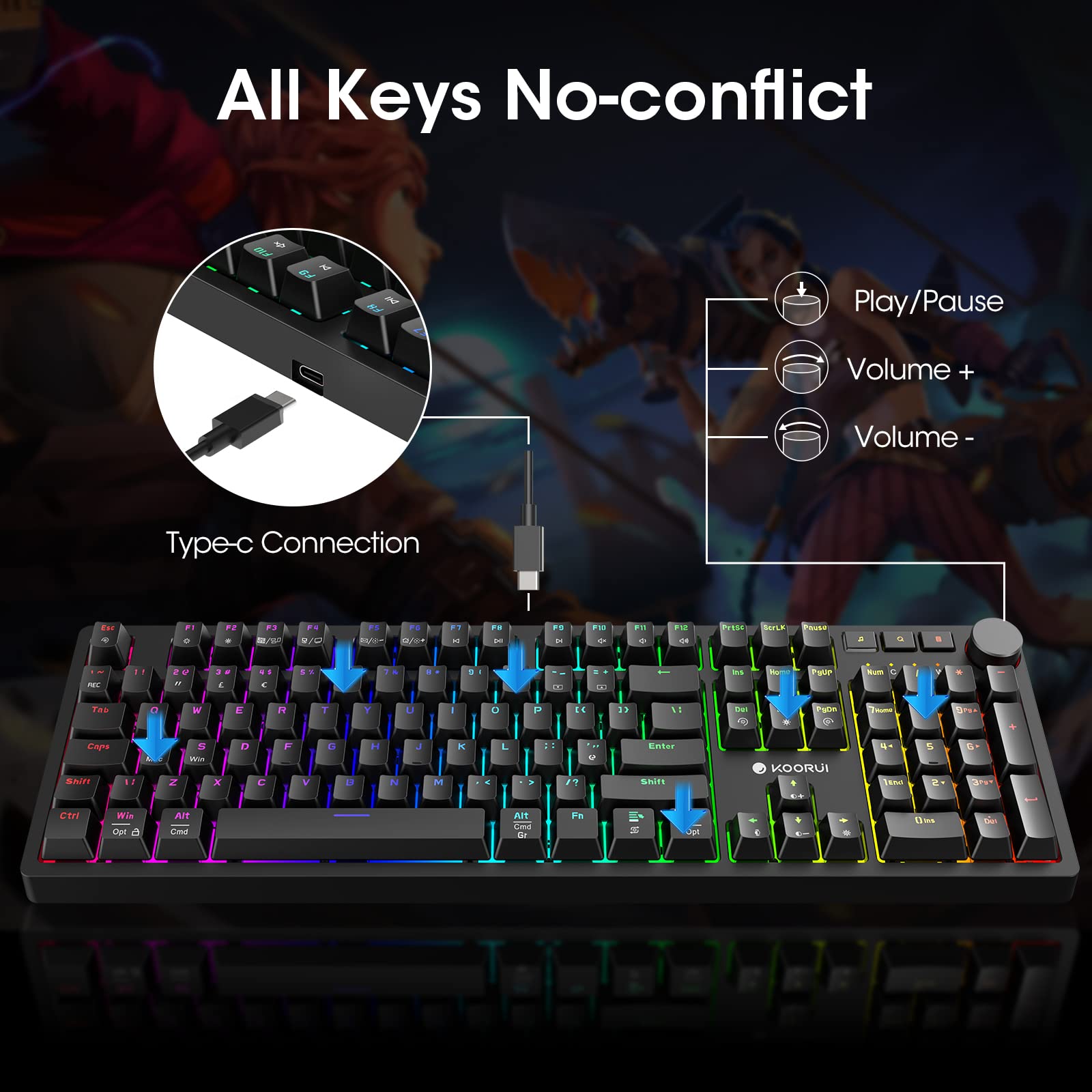 KOORUI MK104 Mechanical Gaming Keyboard - Blue Switch, 104 Keys, RGB Backlit, Wired, Anti-Ghosting, for PC & Mac 4