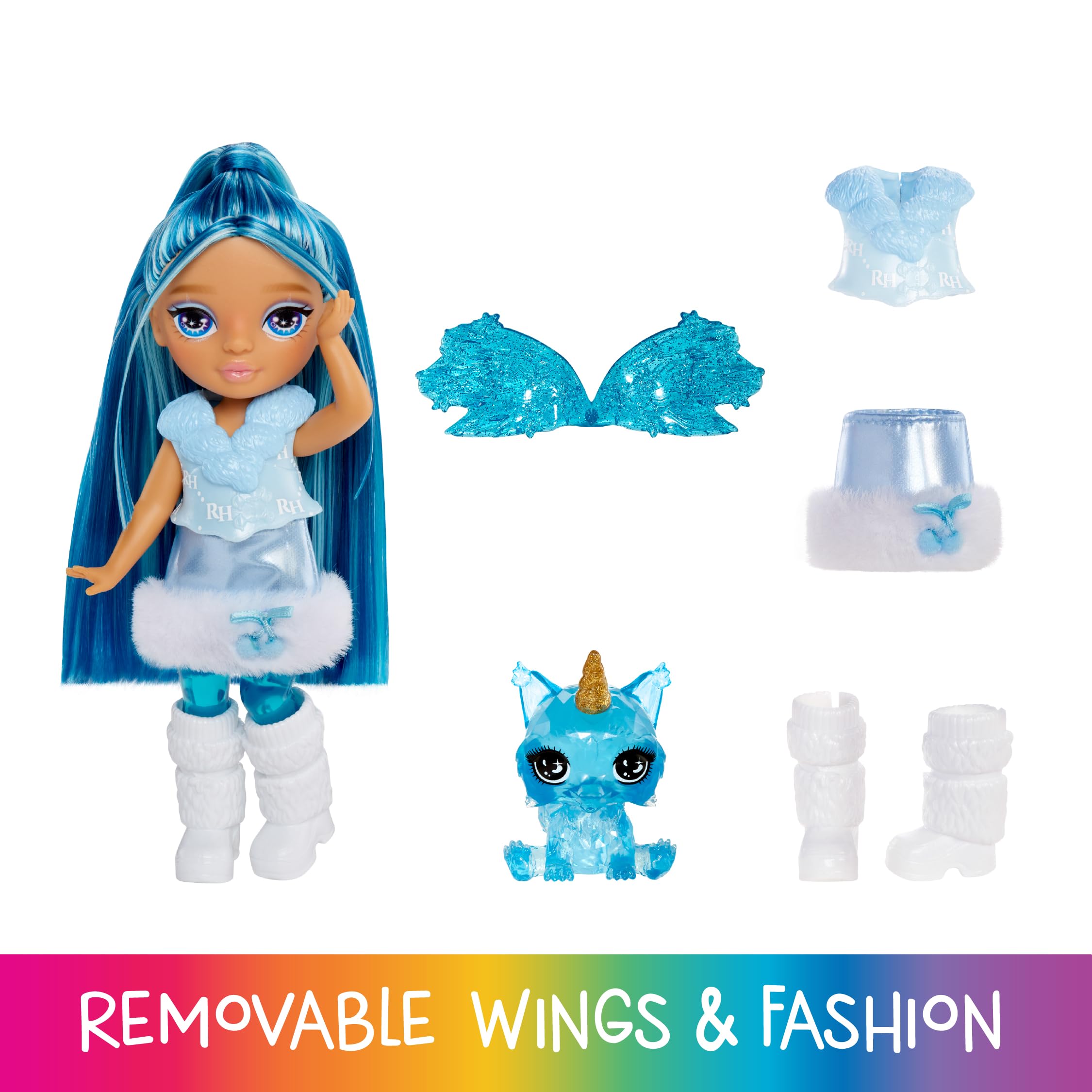 Rainbow High Littles Rainbow Fantasy Fairies & Pet - Sapphire Blue 14cm Posable Doll with Interchangeable Wings