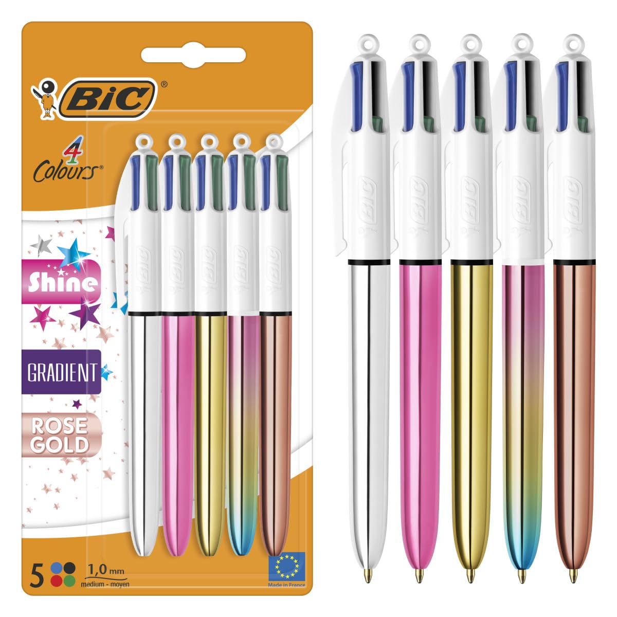 BIC 4 Colours Shine and Gradient Retractable Ballpoint Pens - Medium 1.0mm Point | Pack of 5 | Metallic Colors
