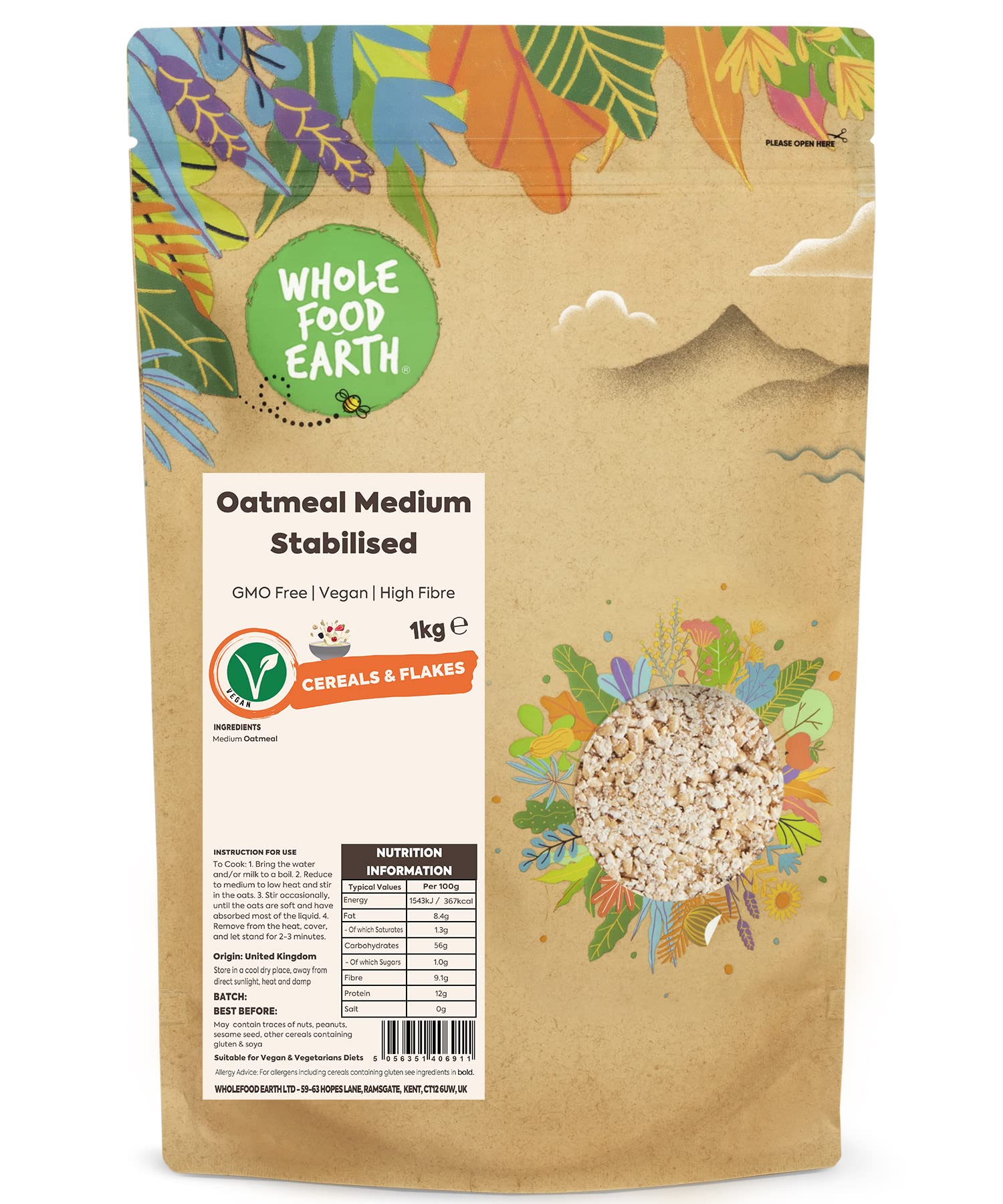 Wholefood Earth Oatmeal Medium Stabilised 1 kg | GMO Free | High Fibre