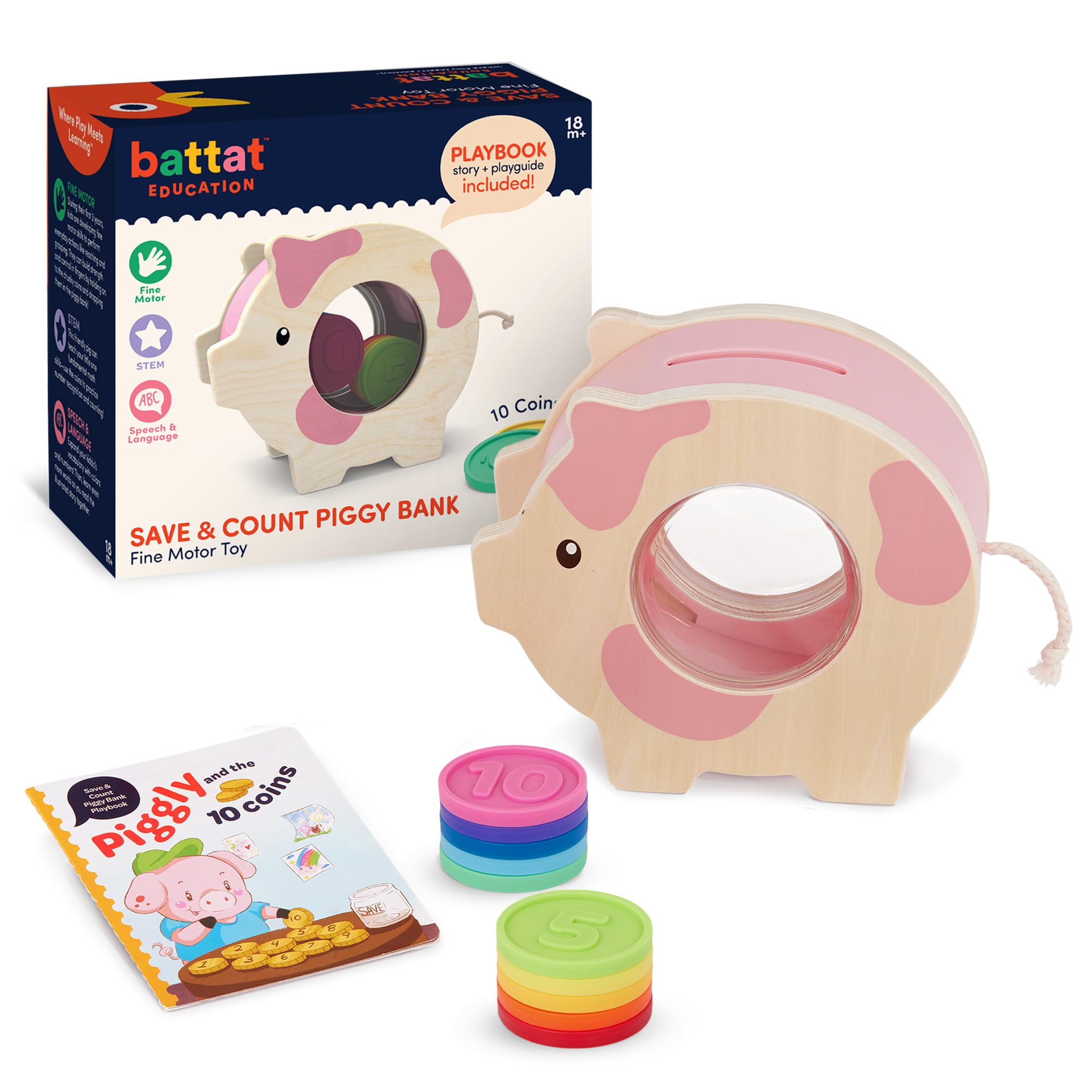 Battat Education Wooden Piggy Bank for Kids - Counting & Fine Motor Skills Toy | Ages 18M+