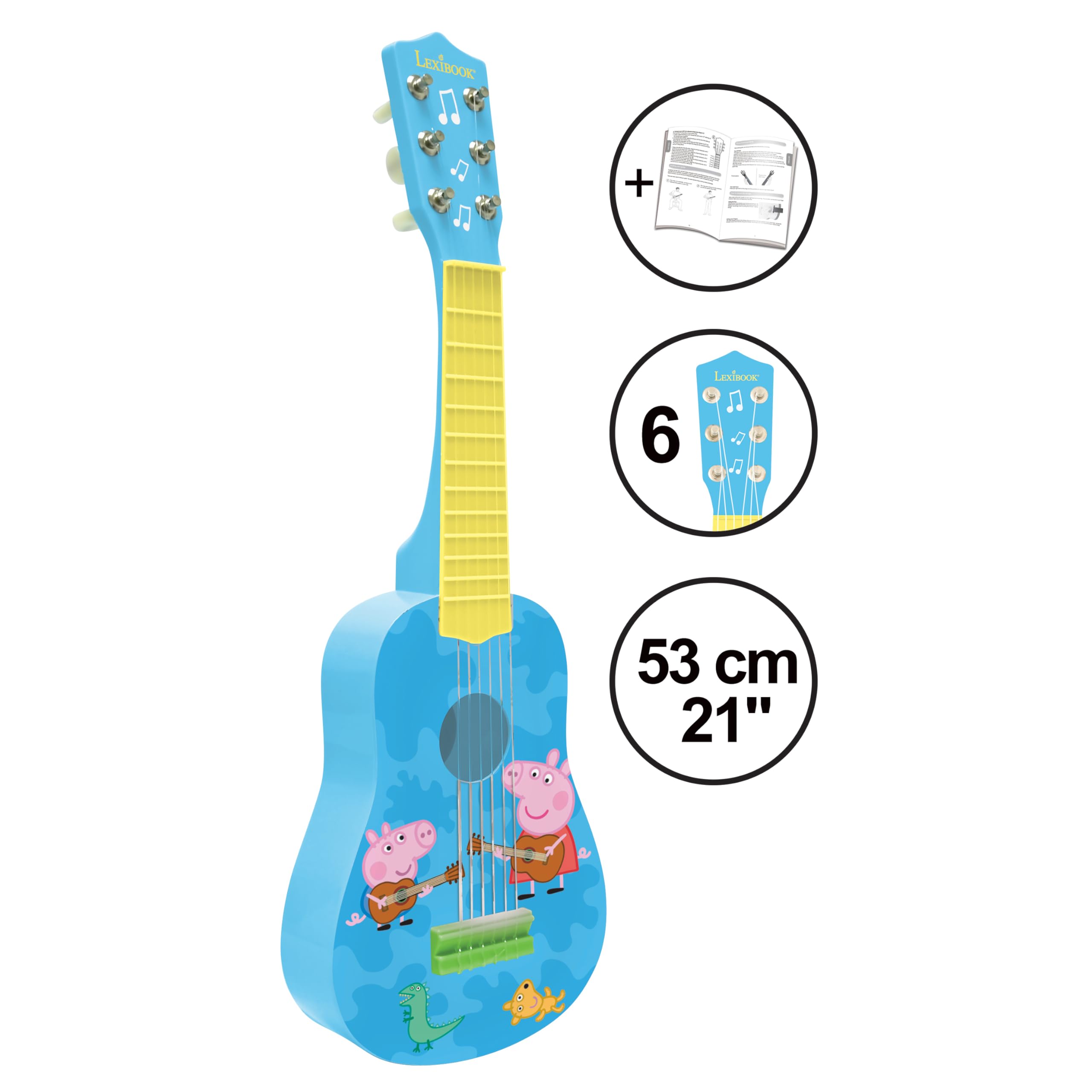 LEXIBOOK Peppa Pig My First Guitar for Children - 21 Inch, 6 Nylon Strings, Blue/Yellow