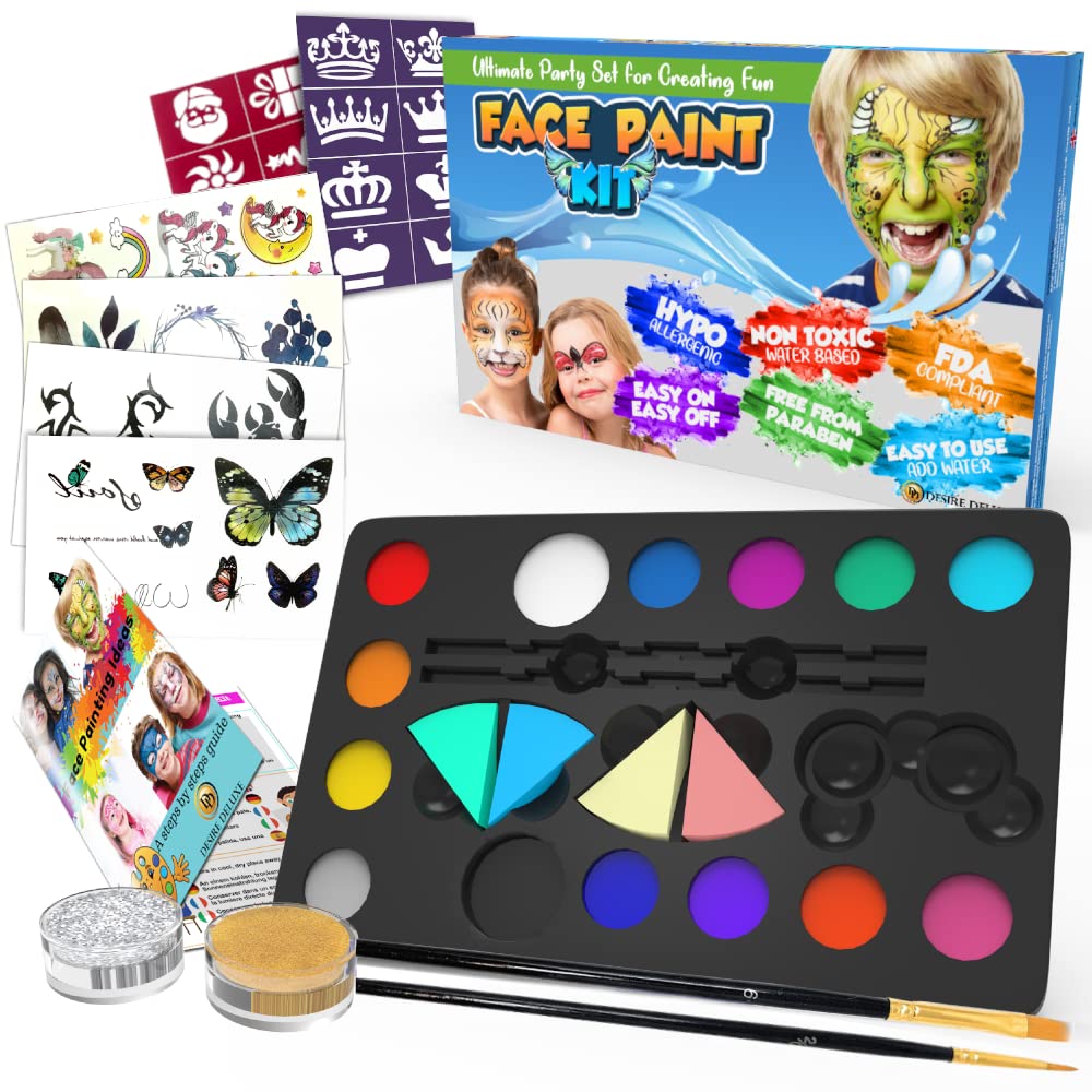 Desire Deluxe Face Paints - 64 Piece Kit with 14 Colors, Glitter, Brushes & Stencils | Kids & Adults