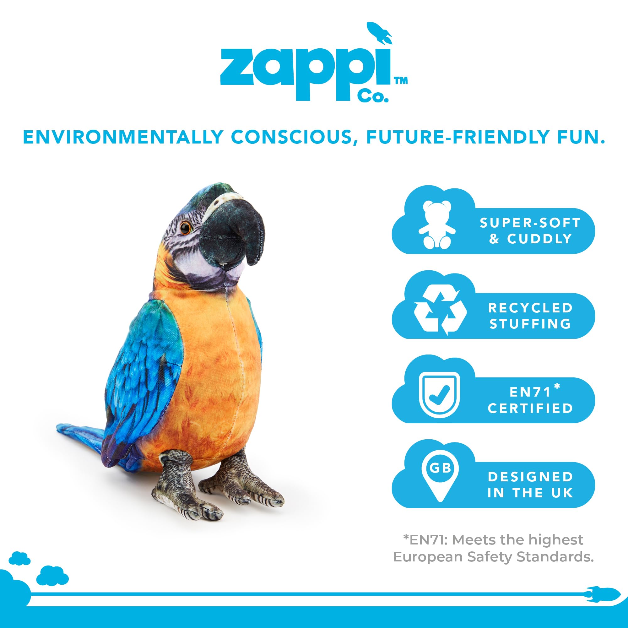 Zappi Co Maya the Macaw Parrot Plush Toy - 28cm Long | Washable | CE/UKCA Tested