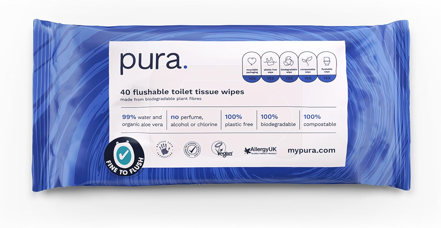 Pura – Feuchte Toilettentücher zum Abspülen, 100 % plastikfreie, biologisch abbaubare Feuchttücher (40 Stück) 6