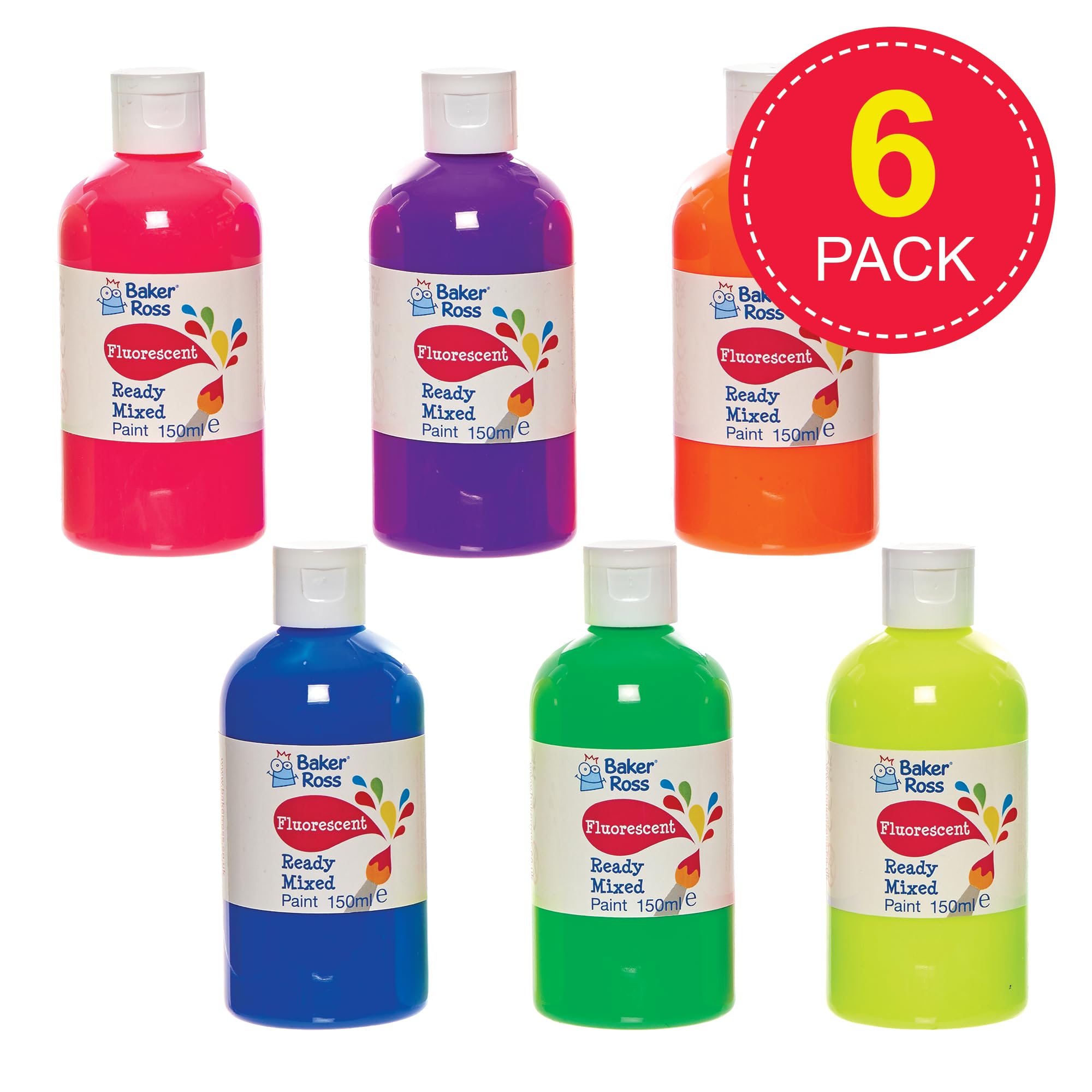 Baker Ross FN247 Fluorescent Ready Mixed Poster Paint - 6 x 150ml Bottles | Washable