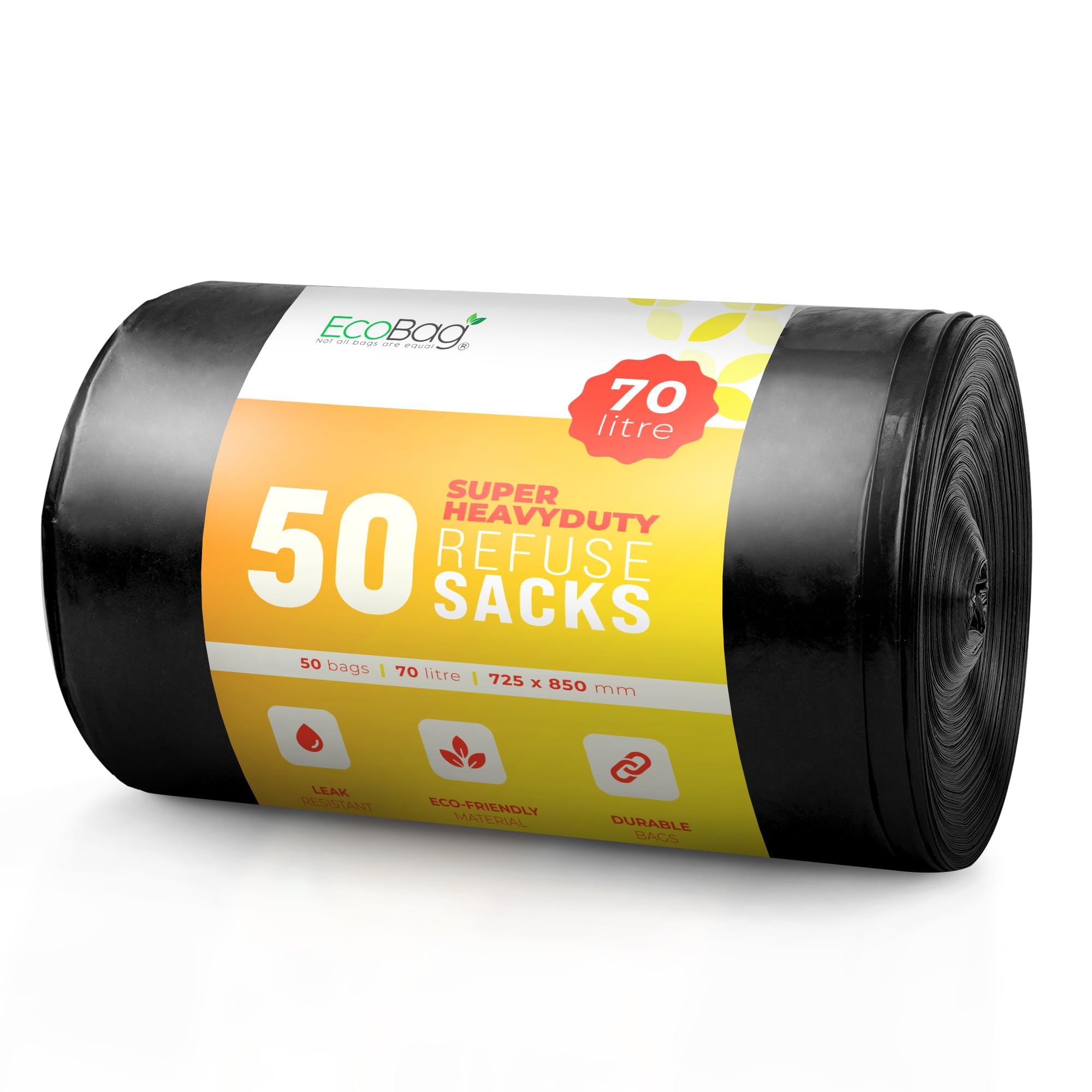EcoBag Extra Strong Heavy Duty Refuse Sacks - 50 Pack, 70L, Recyclable Bin Bags
