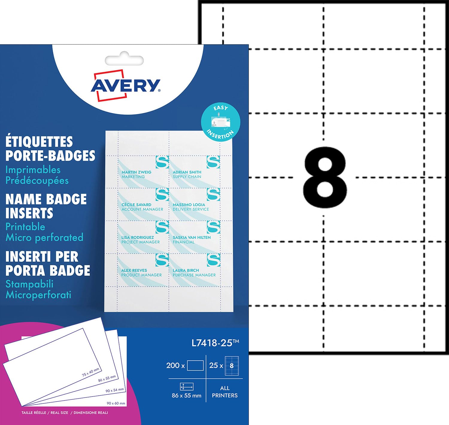 AVERY L7418-25 Printable Double-Sided Name Badge Inserts | 86 x 55 mm | 200 Cards per Pack 1