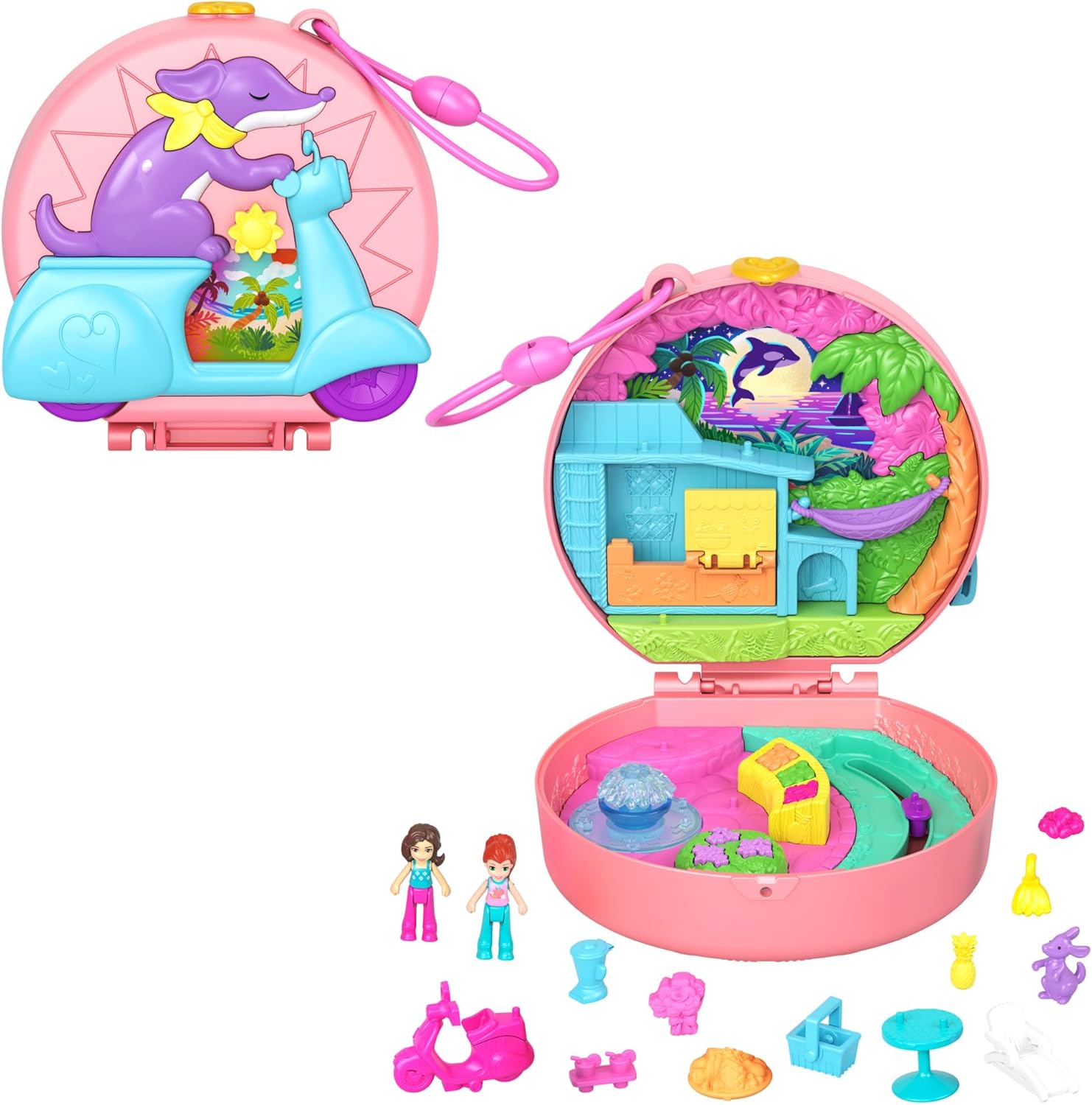 Polly Pocket Adventure Moped Compact - Doll Playset with 2 Micro Dolls & Puppy Pet, Ages 4-10