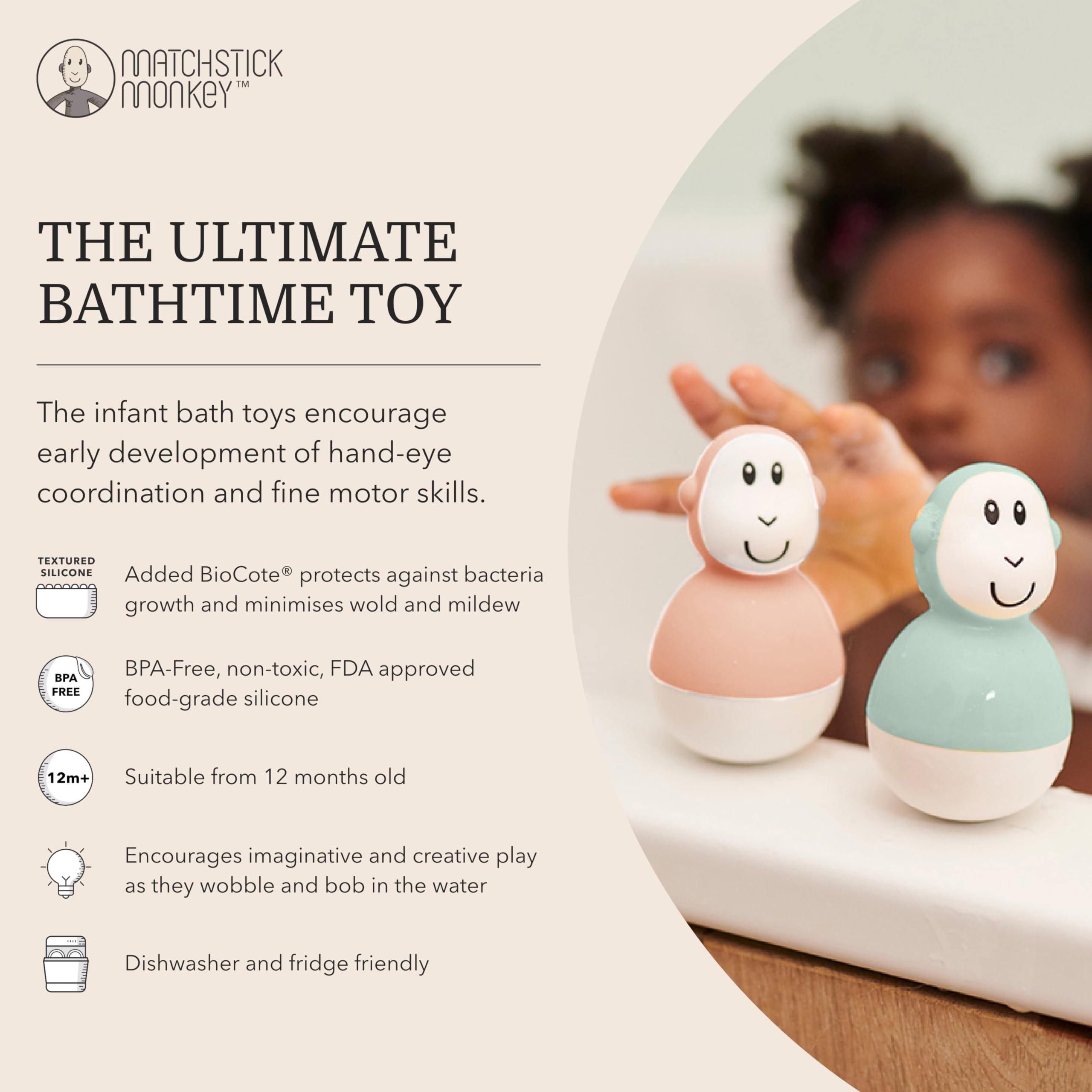 Matchstick Monkey Bathtime Wobblers - Antimicrobial Baby Bath Toy Set for 12+ Months 6