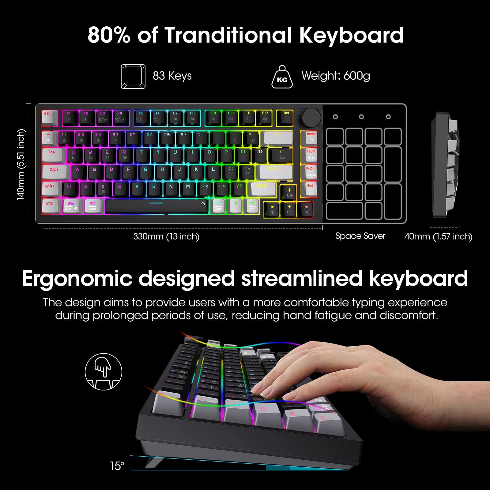 KOORUI MK082 82-Key Mechanical Gaming Keyboard - Wireless/Wired RGB Backlit with Brown Switch 11
