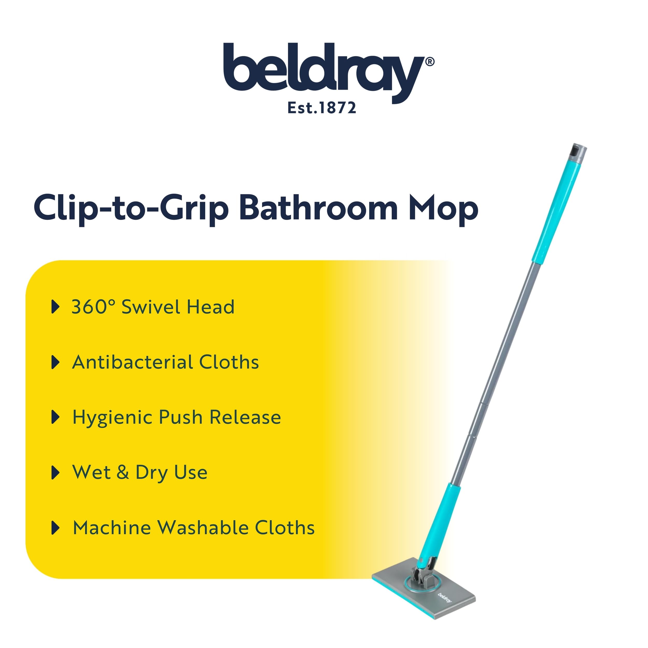 Beldray Anti-Bac Clip-to-Grip Bathroom Mop – Small Head, Precision Cleaning, 70 cm Handle, Tiles/Mirrors/Bathtub, Hygienic Push Release Handle, 360° Swivel Head, 4 Washable Cloths, Wet & Dry
