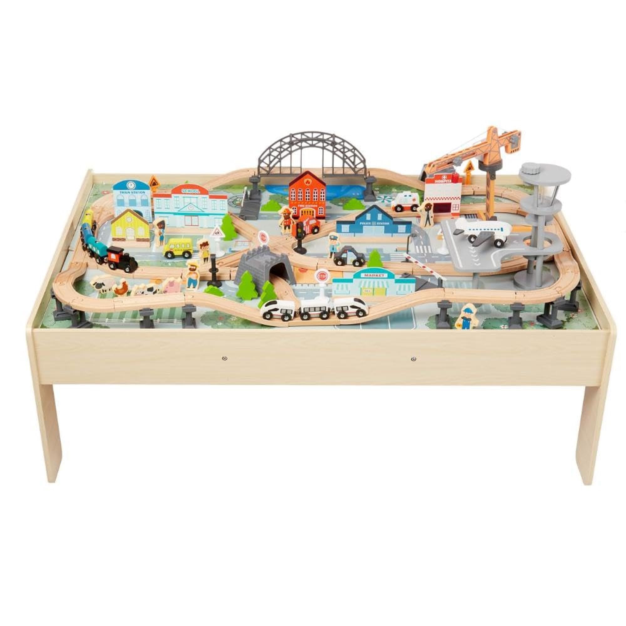 Amazon Basics 120-Piece Wooden Train Set and Table with Interactive Accessories | Multicolor | 120.4 x 85 x 41 cm
