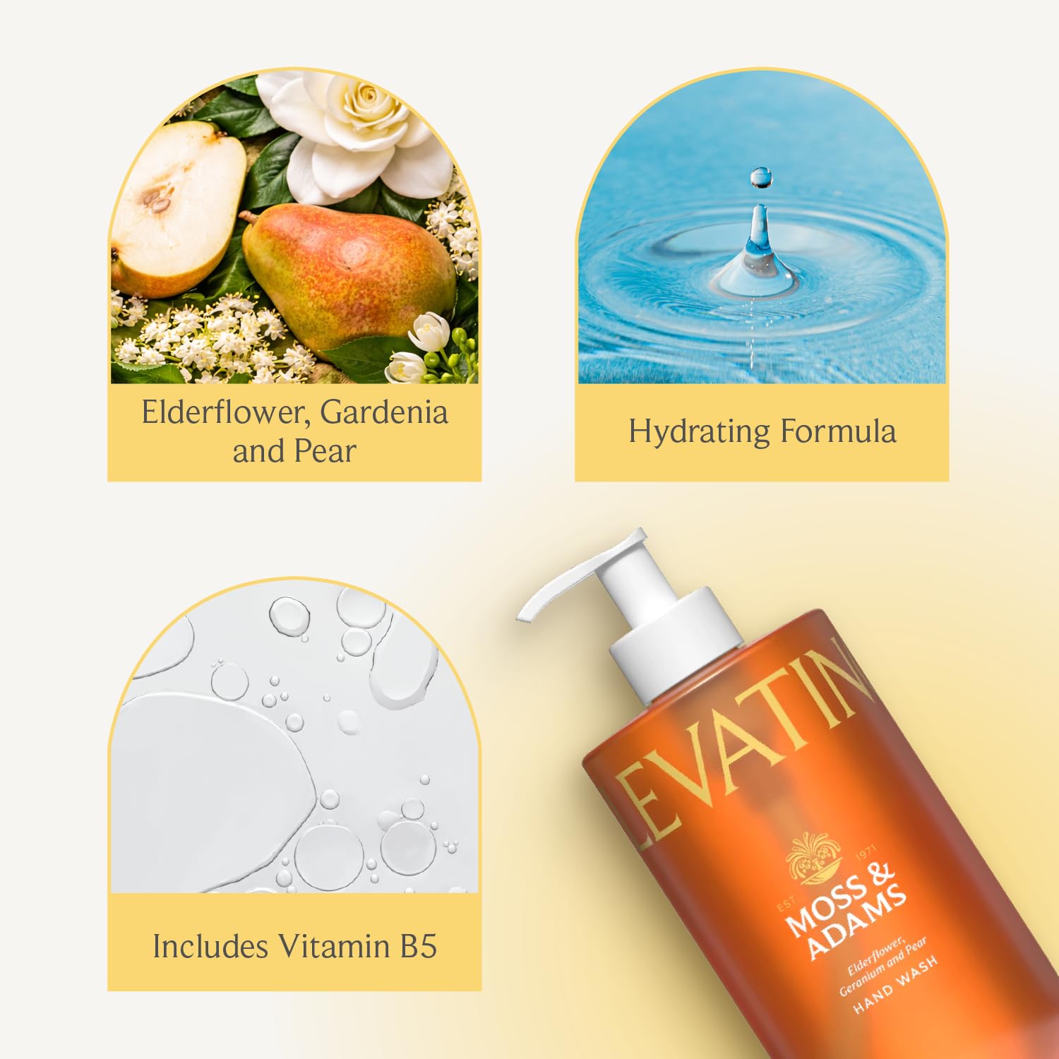 Moss & Adam Elevating Hand Wash - Hydrating with Vitamin B5 | Elderflower, Gardenia & Pear Scent | 3 x 400 ml