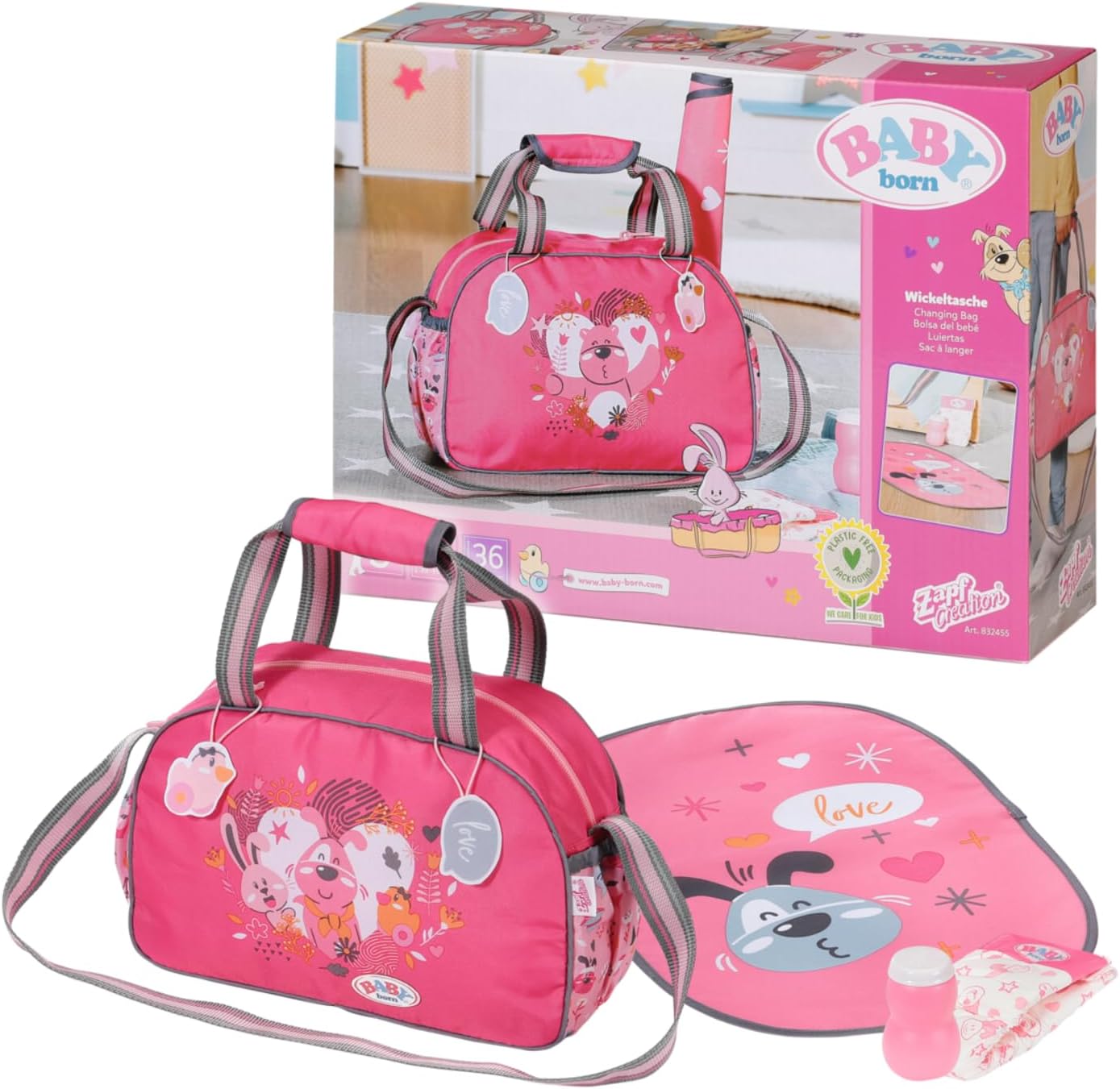 BABY born Doll Changing Bag - Pink Shoulder Bag with Changing Mat, Lotion Bottle & Nappy