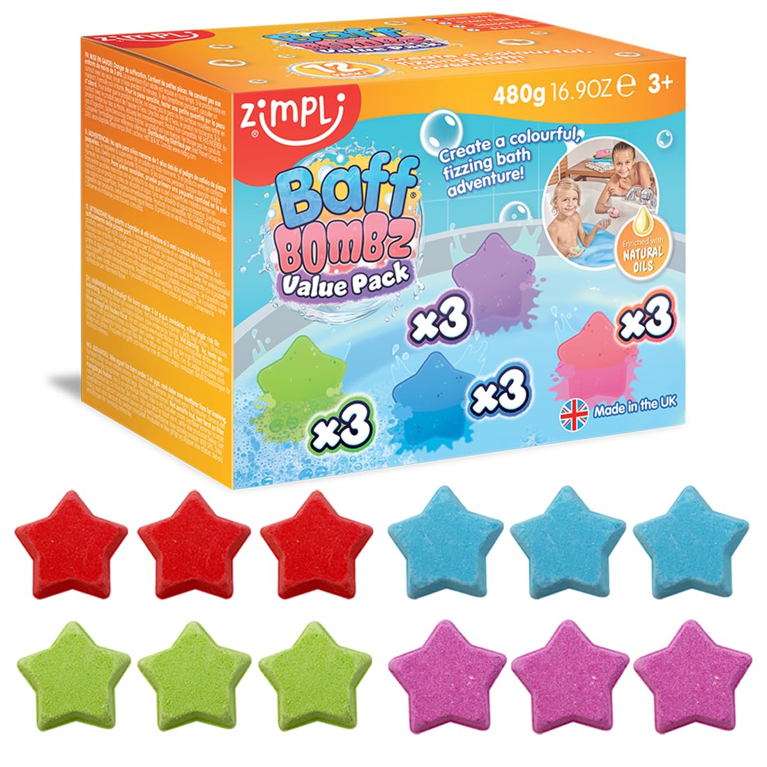 ZIMPLI Baff Bombz - 12 Pack Star Bath Fizzers for Colourful, Moisturising Fun | UK Made
