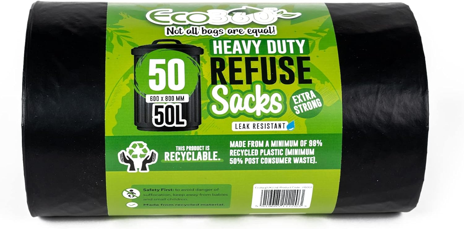 EcoBag Heavy Duty 50L Refuse Sacks Black 600 x 800mm 50 Pack