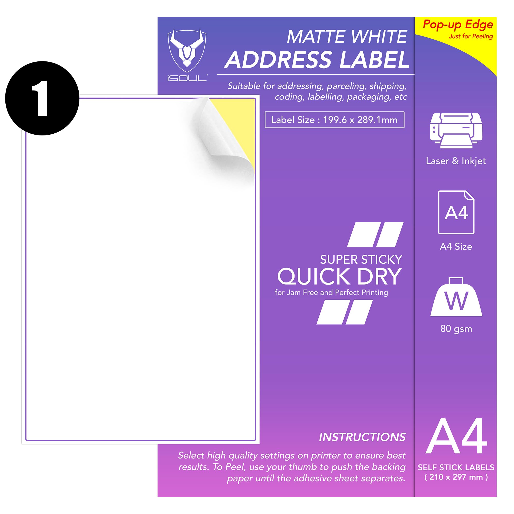 iSOUL A4 Printer Labels - 100 Sheets White Matte Self-Adhesive Full Sheets