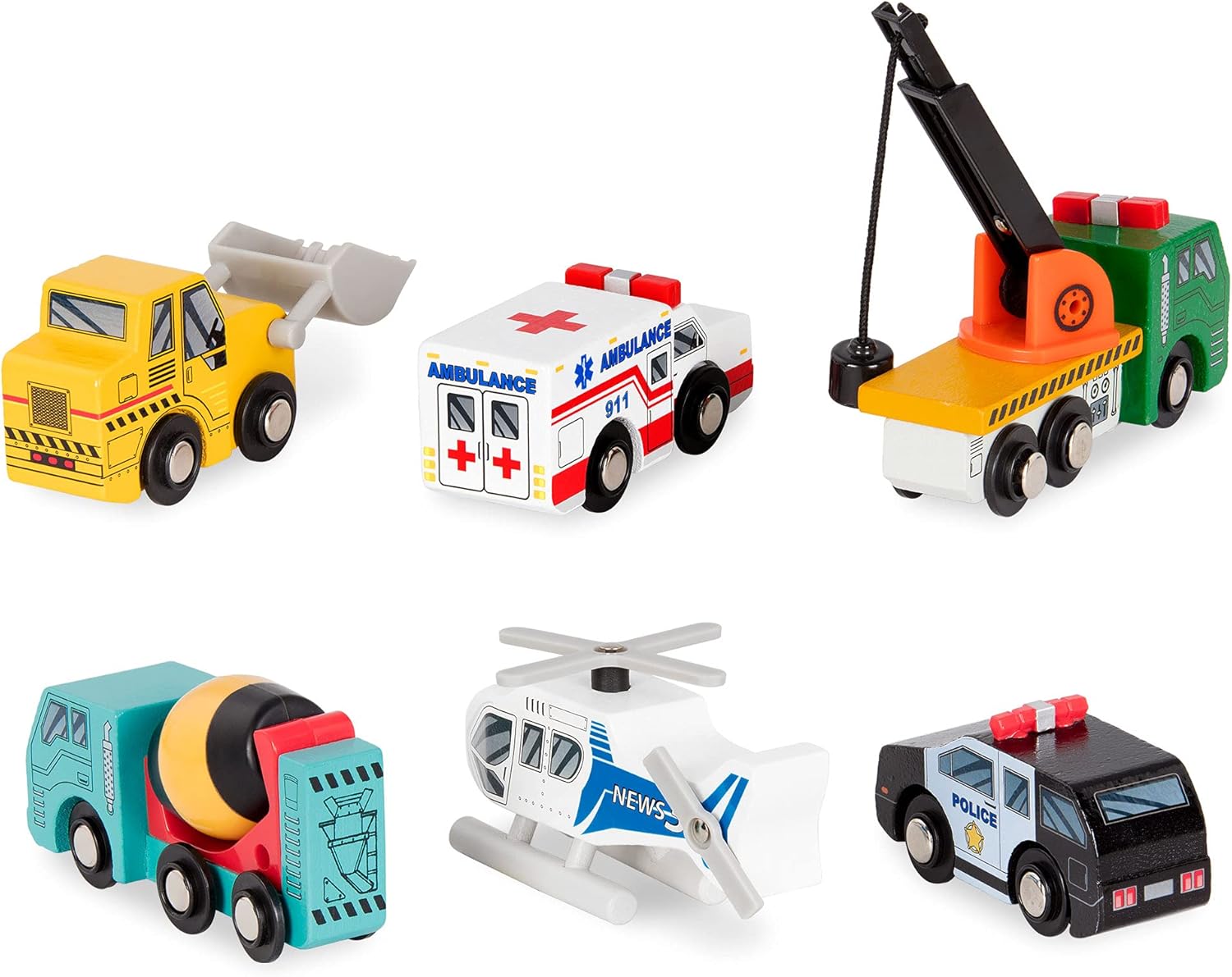 Battat Wooden Vehicles Set - 6pc Rescue & Construction Toy Playset for Kids 3+ 4