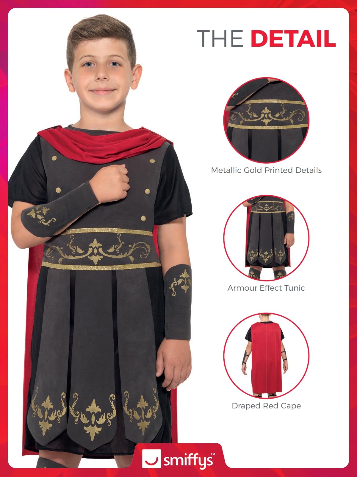 Smiffys Roman Soldier Costume Boys Black Tunic with Attached Cape Arm and Leg Cuffs, Child Gladiator Warrior Fancy Dress Outfit for World Book Day Halloween Parties Age 7-9 7