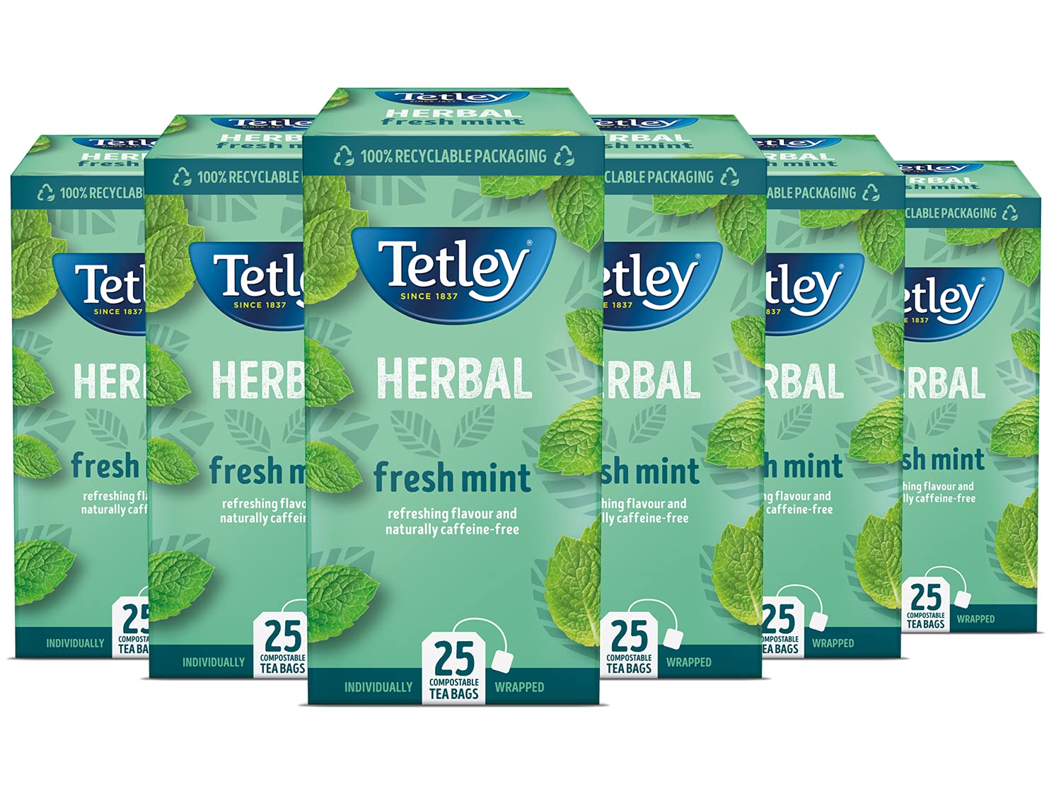 Tetley Fresh Mint Herbal Tea Bags - Peppermint & Spearmint Blend | Caffeine-Free | 6 x 25 Count (150 Bags Total)