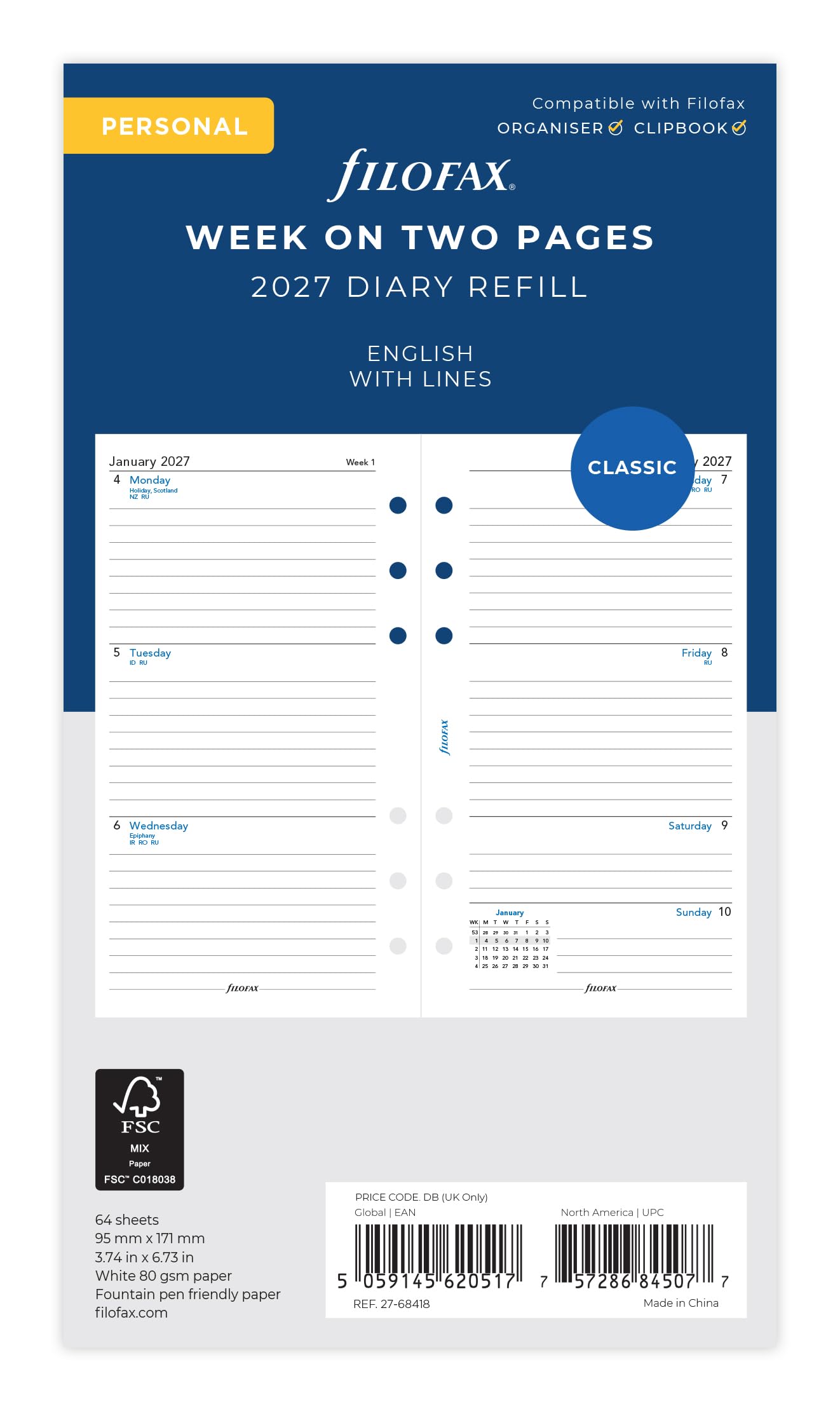 Filofax Personal Organiser Refill - 2027 Diary Week on Two Pages Lined | 95mm x 171mm