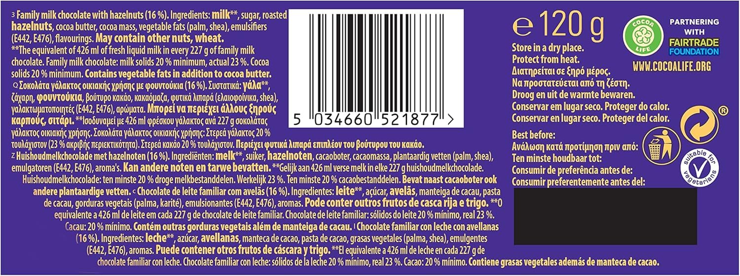 Cadbury Dairy Milk Whole Nut Bar with Whole Hazelnuts, 120g 6