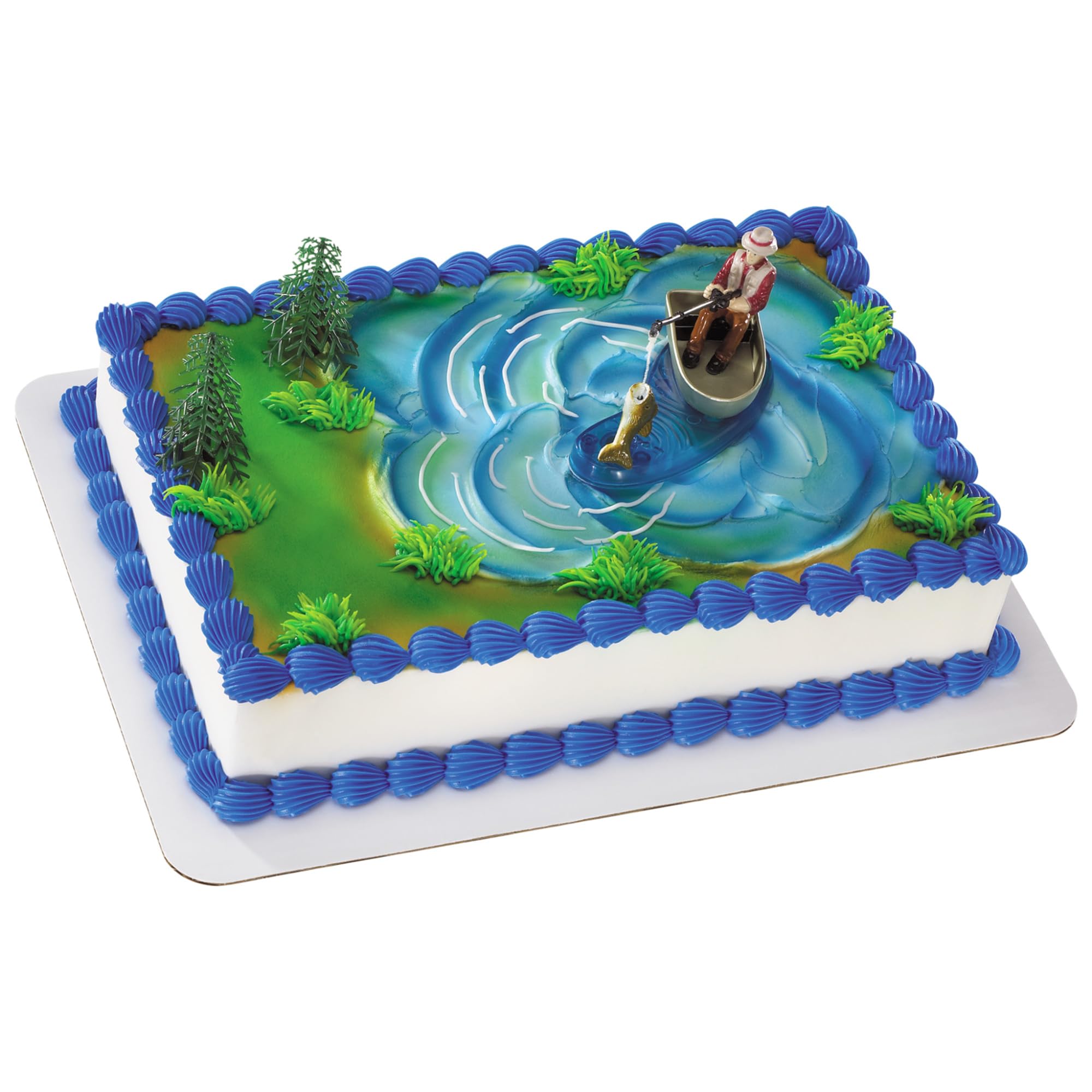 DecoPac Fisherman with Action Fish Cake Topper - 4 Piece Set | Reusable Plastic Decoration